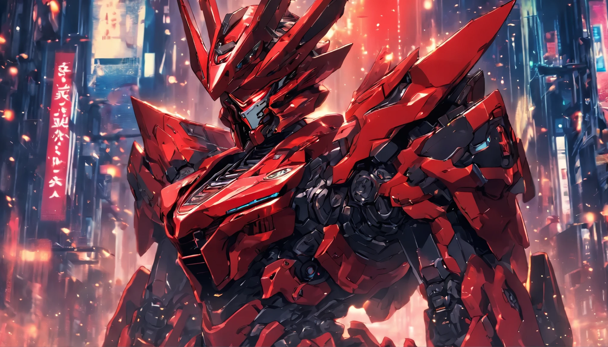 cybernetic samurai, cyberpunk, holding a mechani cal sword, mechanical armour, (mecha helm:1.4), (DRAGON GUARD ARM, GLOVES), (RED, BLACK), (M ECHA CYBER SHINY ARMORED SUIT, A PAIR MECH ANICAL ARMOR:1.4), (MUSCULAR BODY:1.3), (MUS CLE ABS:1.2), (LOOKING AT VIEWER:1), (SWINGING SWORD IN A FIGHT:1.3), PHYSICALLY-BASED REND ERING, ULTRA HIGHT DEFINITION, 8K, 1080P.