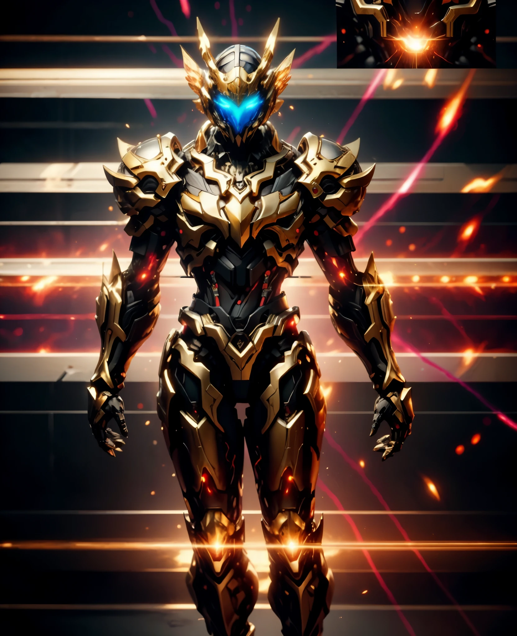 A woman adorned in fantasy-style full-body armor, a crown-concept fully enclosed helmet that unveils only her eyes, a composite layered chest plate, fully encompassing shoulder and hand guards, a lightweight waist armor, form-fitting shin guards, the overall design is heavy-duty yet flexible, (the armor gleams with a golden glow, complemented by red and blue accents), exhibiting a noble aura, she floats above a fantasy-surreal high-tech city, this character embodies a finely crafted fantasy-surreal style armored hero in anime style, exquisite and mature manga art style, (Queen Bee Concept Armor, blood), ((plasma, bio mecha, long legs, elegant, goddess, femminine:1.5)), metallic, high definition, best quality, highres, ultra-detailed, ultra-fine painting, extremely delicate, professional, anatomically correct, symmetrical face, extremely detailed eyes and face, high quality eyes, creativity, RAW photo, UHD, 32k, Natural light, cinematic lighting, masterpiece-anatomy-perfect, masterpiece:1.5