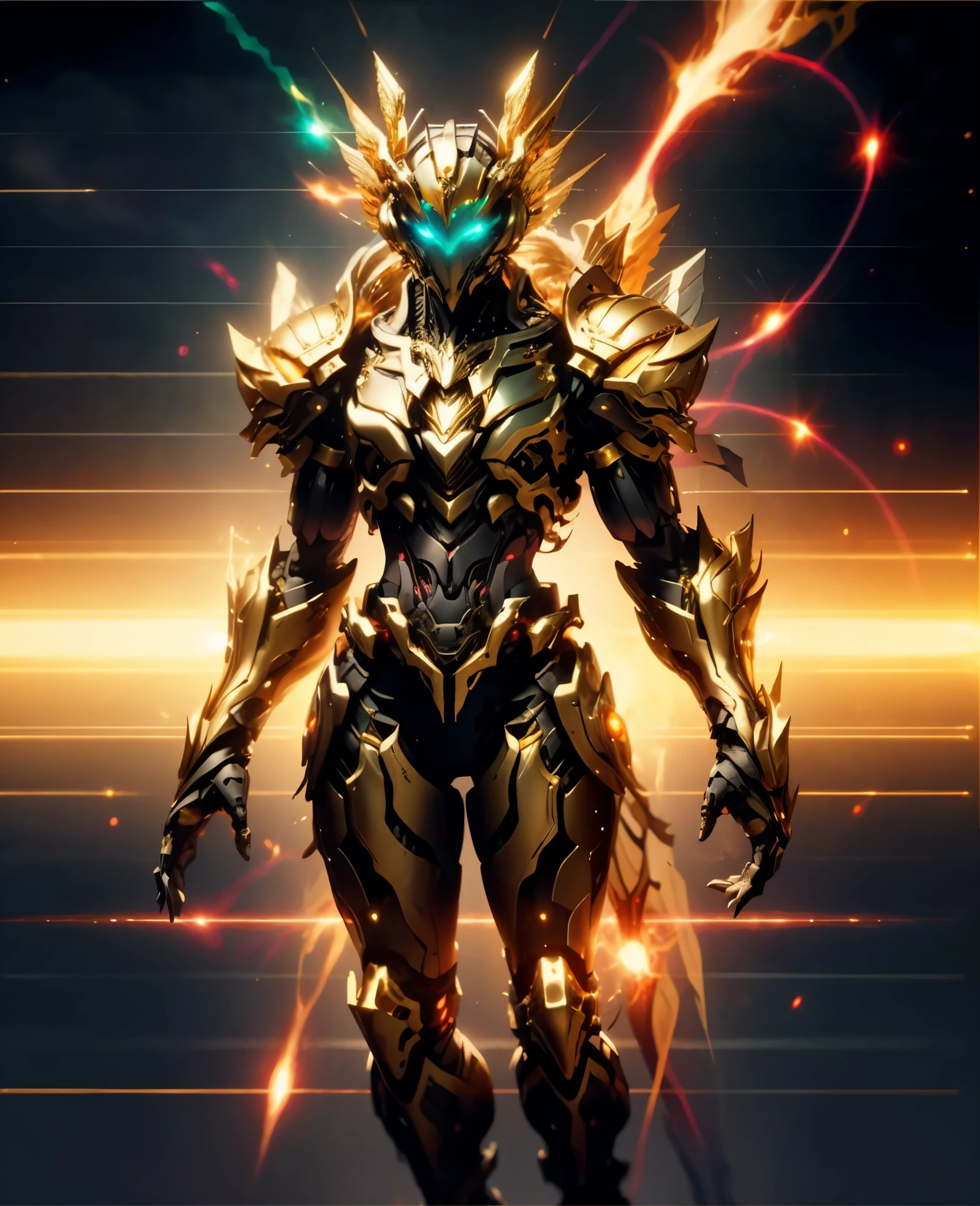 A woman adorned in fantasy-style full-body armor, a crown-concept fully enclosed helmet that unveils only her eyes, a composite layered chest plate, fully encompassing shoulder and hand guards, a lightweight waist armor, form-fitting shin guards, the overall design is heavy-duty yet flexible, (the armor gleams with a golden glow, complemented by red and blue accents), exhibiting a noble aura, she floats above a fantasy-surreal high-tech city, this character embodies a finely crafted fantasy-surreal style armored hero in anime style, exquisite and mature manga art style, (Queen Bee Concept Armor, blood), ((plasma, bio mecha, long legs, elegant, goddess, femminine:1.5)), metallic, high definition, best quality, highres, ultra-detailed, ultra-fine painting, extremely delicate, professional, anatomically correct, symmetrical face, extremely detailed eyes and face, high quality eyes, creativity, RAW photo, UHD, 32k, Natural light, cinematic lighting, masterpiece-anatomy-perfect, masterpiece:1.5