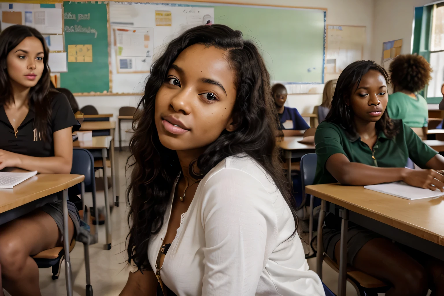 a black African girl in a classroom, with kinky hair, beautiful classroom, listening to teacher with British white classmates