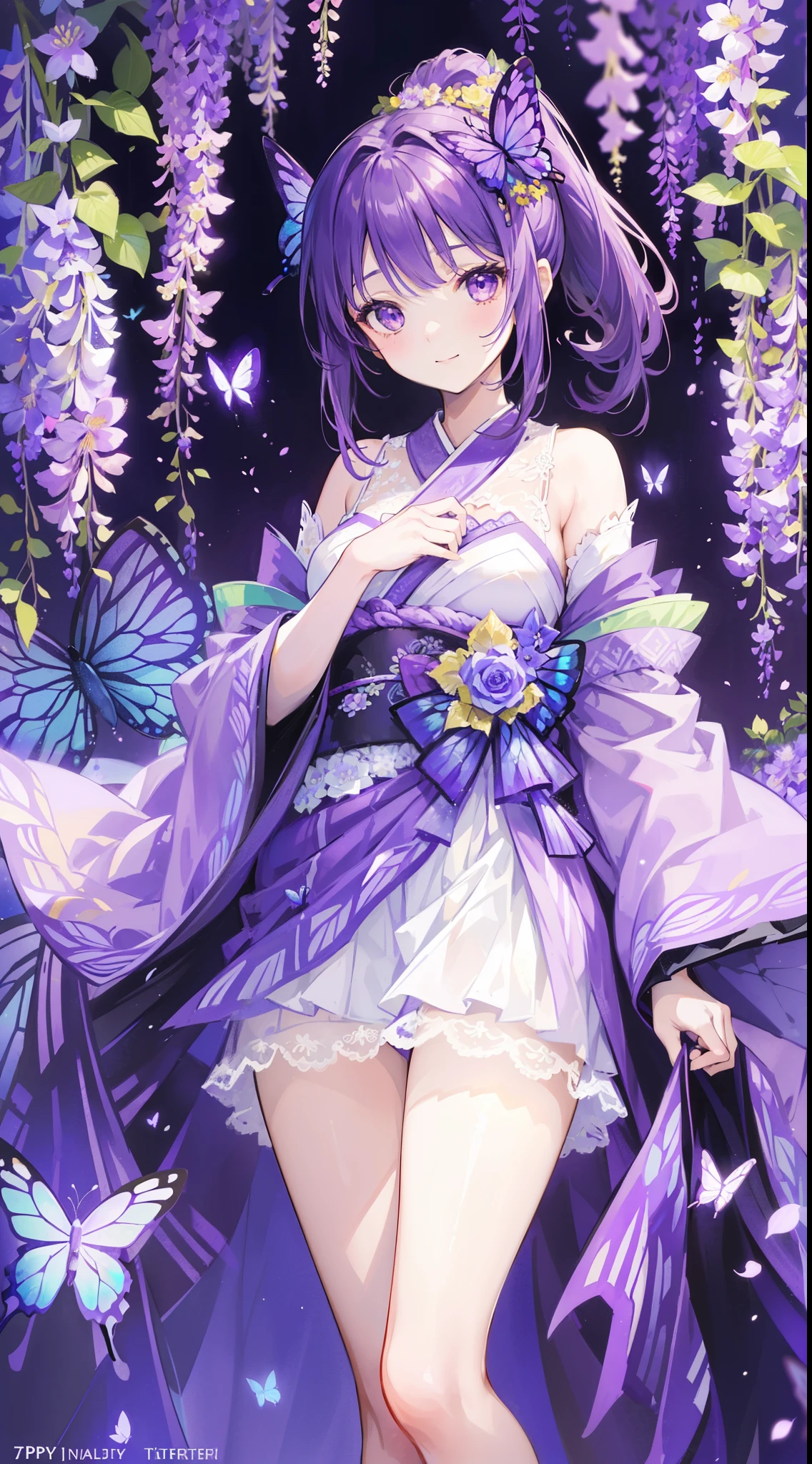 (32k), ((cute girl)), (hight quality), (high-level image quality), (smile), (hight quality wisteria flowers background), (32k background), (wisteria trellis),
(purple short ponytail), (purple eyes), (18 years old), (illustration), (purple light particles), (purple kimono), (purple Japanese clothes), (((front))), (32k), (beautiful cute girl), (butterfly ornament), (butterfly dress), ((many butterflies)), (((background of many flowers
))), (((bright background))), (beautiful world), (cute world), (smile),