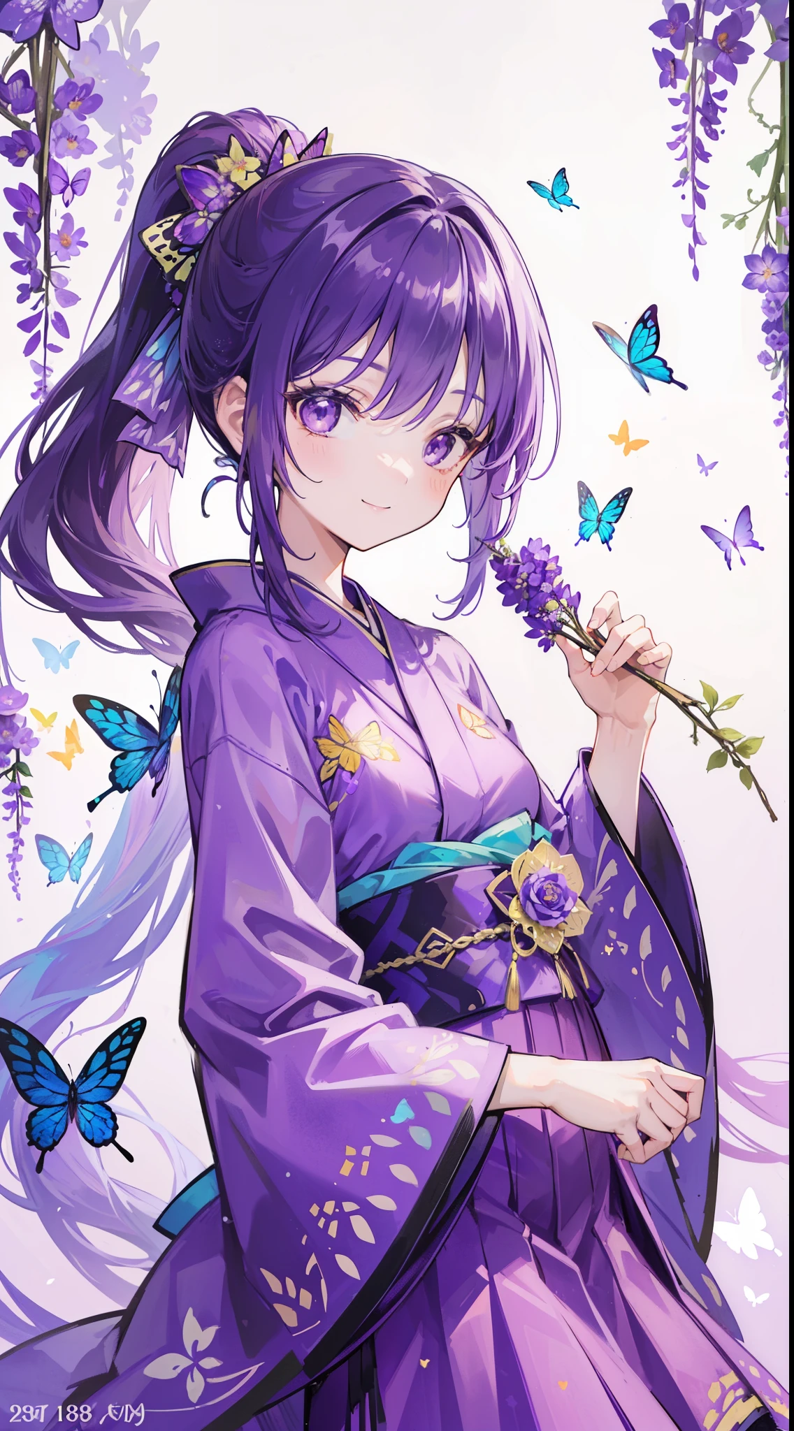 (32k), ((cute girl)), (hight quality), (high-level image quality), (smile), (hight quality wisteria flowers background), (32k background), (wisteria trellis),
(purple short ponytail), (purple eyes), (18 years old), (illustration), (purple light particles), (purple kimono), (purple Japanese clothes), (((front))), (32k), (beautiful cute girl), (butterfly ornament), (butterfly dress), ((many butterflies)), (((background of many flowers
))), (((bright background))), (beautiful world), (cute world), (smile),