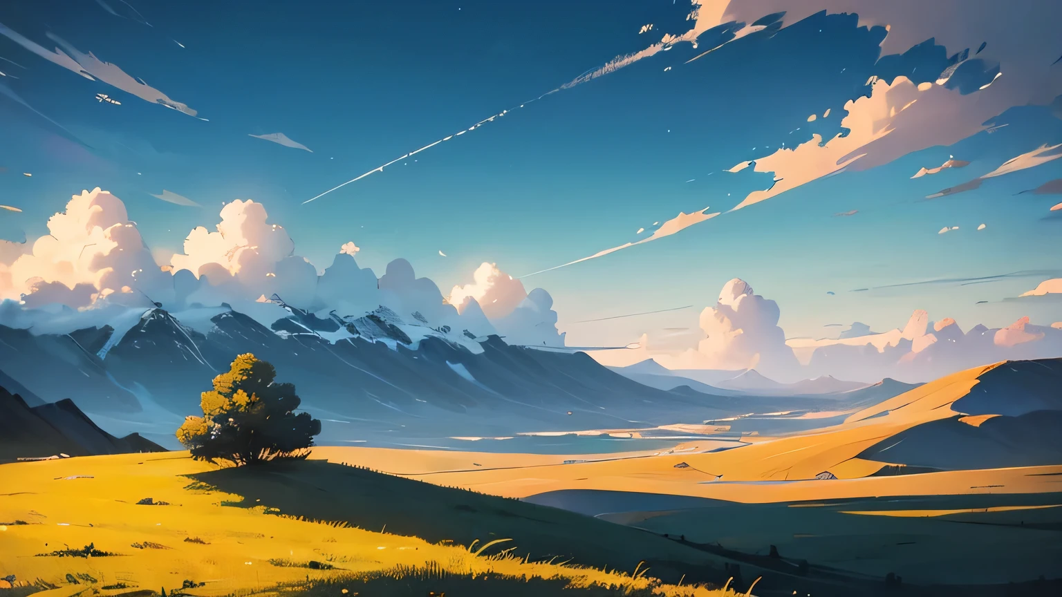 Depict an abstract landscape with a solitary figure surrounded by elements representing self-fulfillment and peace, showcasing the positive side of solitude.