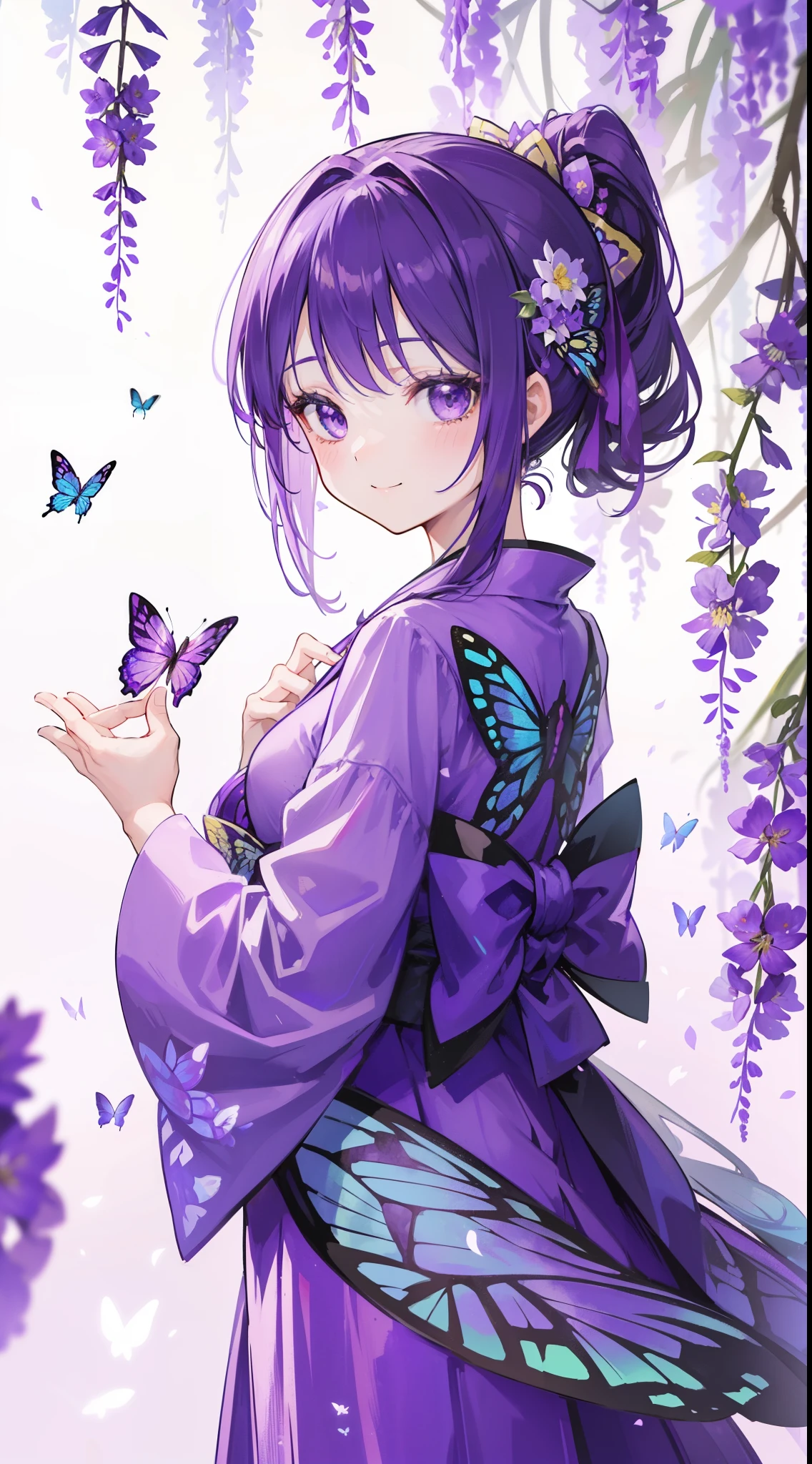 (32k), ((cute girl)), (hight quality), (high-level image quality), (smile), (hight quality wisteria flowers background), (32k background), (wisteria trellis),
(purple short ponytail), (purple eyes), (18 years old), (illustration), (purple light particles), (purple kimono), (purple Japanese clothes), (((front))), (32k), (beautiful cute girl), (butterfly ornament), (butterfly dress), ((many butterflies)), (((background of many flowers
))), (((bright background))), (beautiful world), (cute world), (smile),