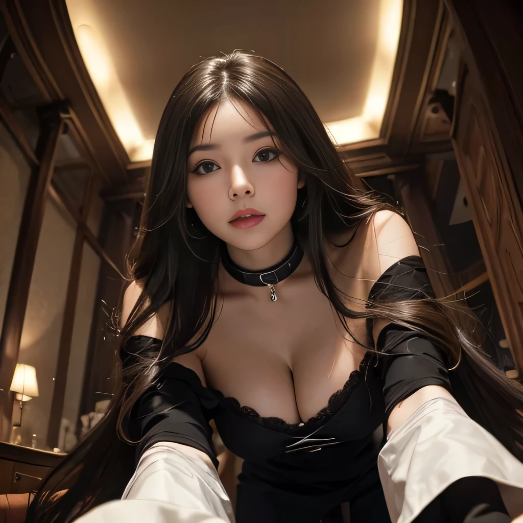 extra long hair, on fours, from below, sexy, off shoulder, deep cleavage, old woman, looks at camera, coat, steel collar