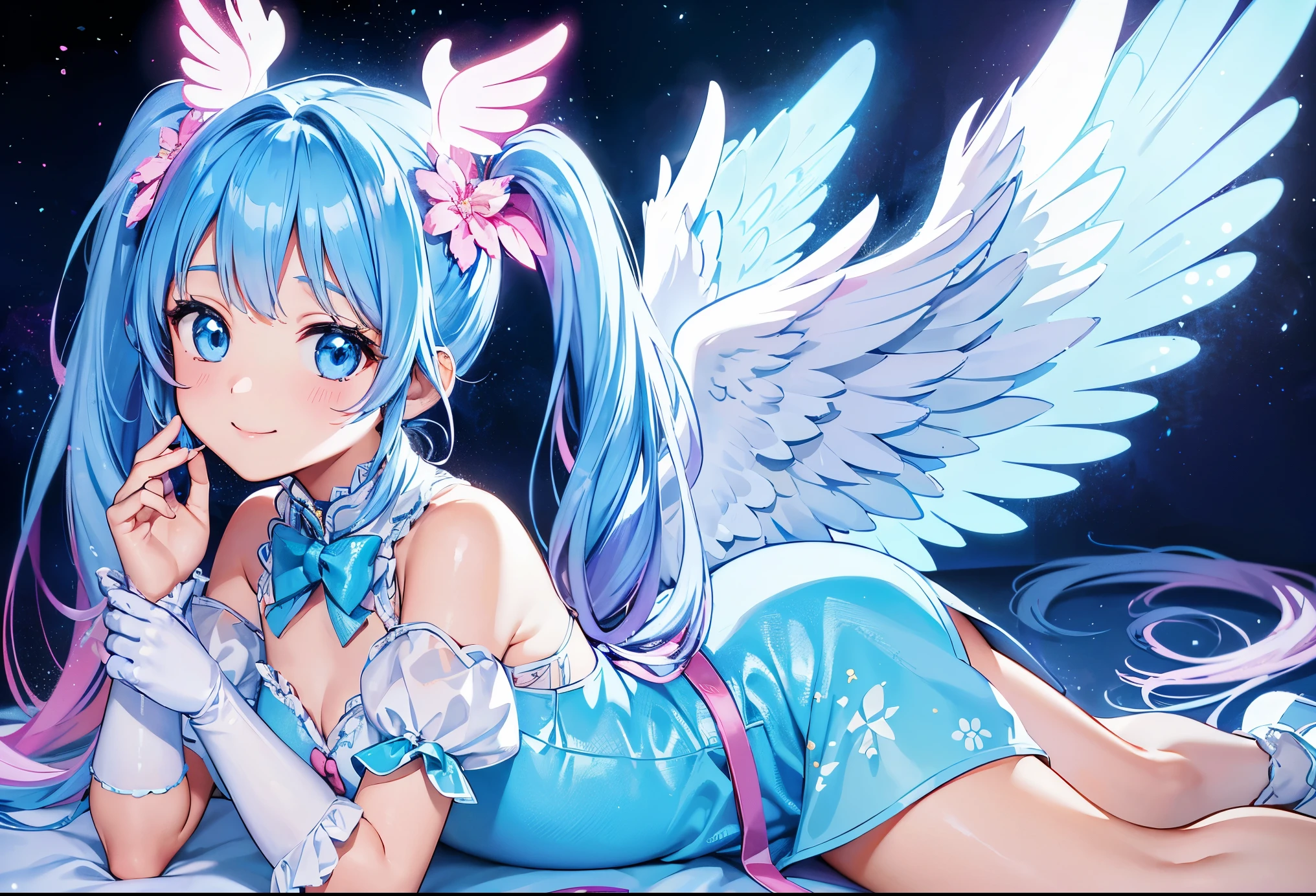 Colorful glowing angel wings、pretty girl、adorable smile、light blue long hair、twin tails、colorful angel costume、Pink and white costume　((highest quality))、((masterpiece))、(very detailed、most detailed、official art、beautiful beautiful:1.2)