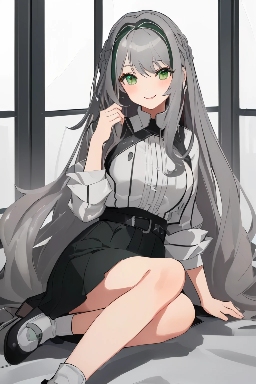 ((Masterpiece), top-quality, Top image quality, ((((solo)))), ((((gray hair)))), long hair, Beautiful green eyes, dye one's cheeks red, smile, teens girl, 18yo, cute, 8k, fullbody