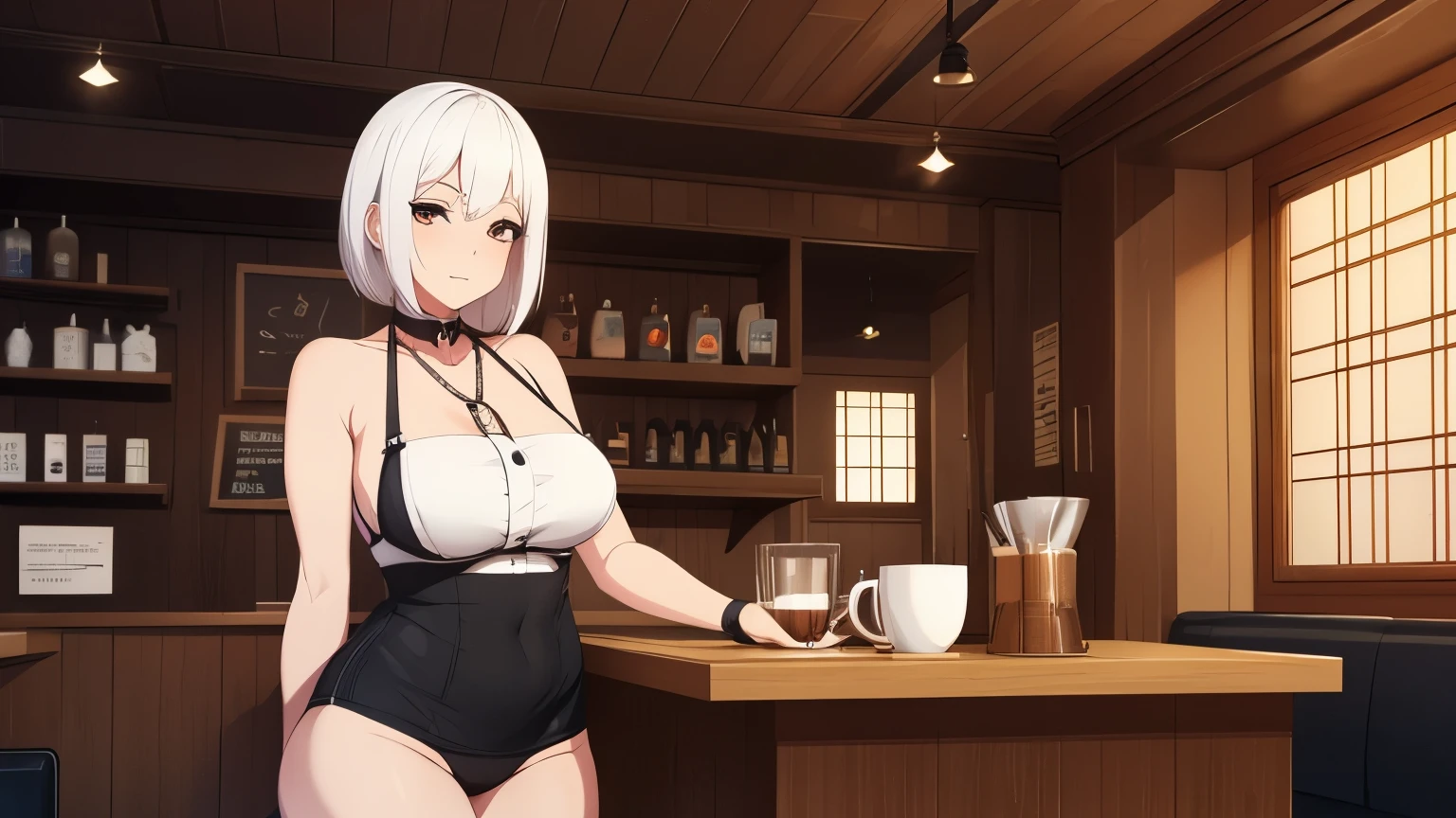 Woman, Sexy, White hair, In cofee shop, Coffeing, Lofi, Comfy, High details, High resolution, 4K