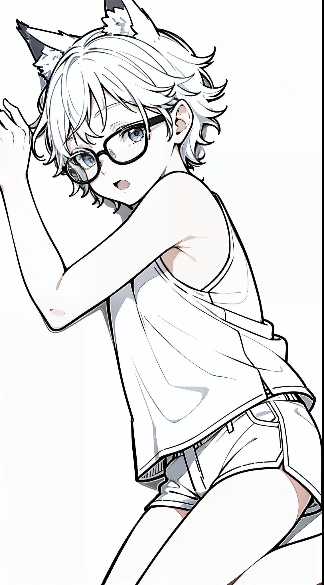 (1boy,),solo,happy,white hair,short hair,wolf ears,white shirt,sleeveless,black shorts,cowboy shot,(white background,line drawing),white glasses,open mouth,lying down,from side