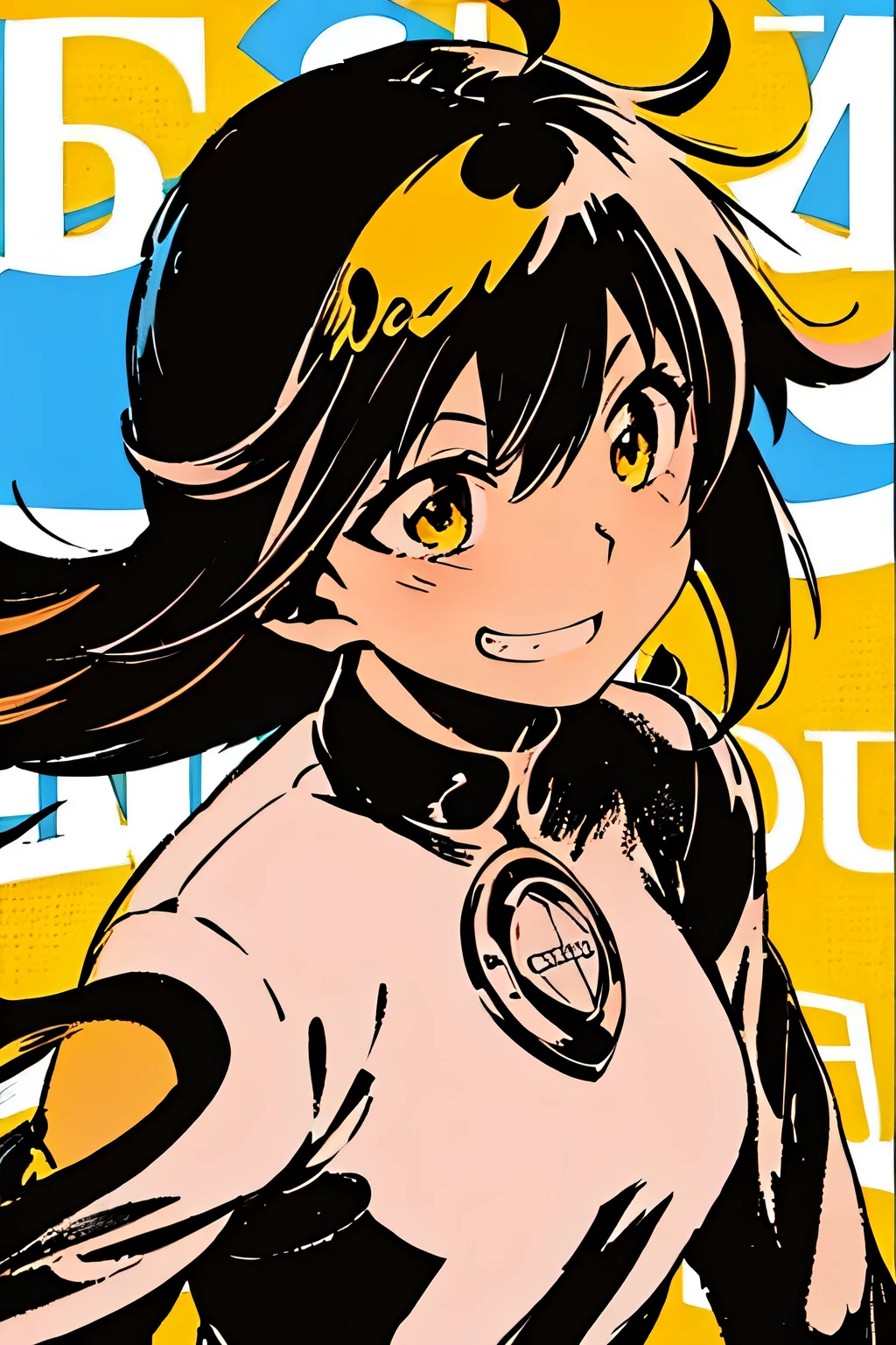 masterpiece, high quality, 1 girl, medium long shot, Low - Angle, fold your arms, yellow eyes, black shirt, (grin and laugh), open your mouth, short black hair, bangs, looking at the viewer, motion