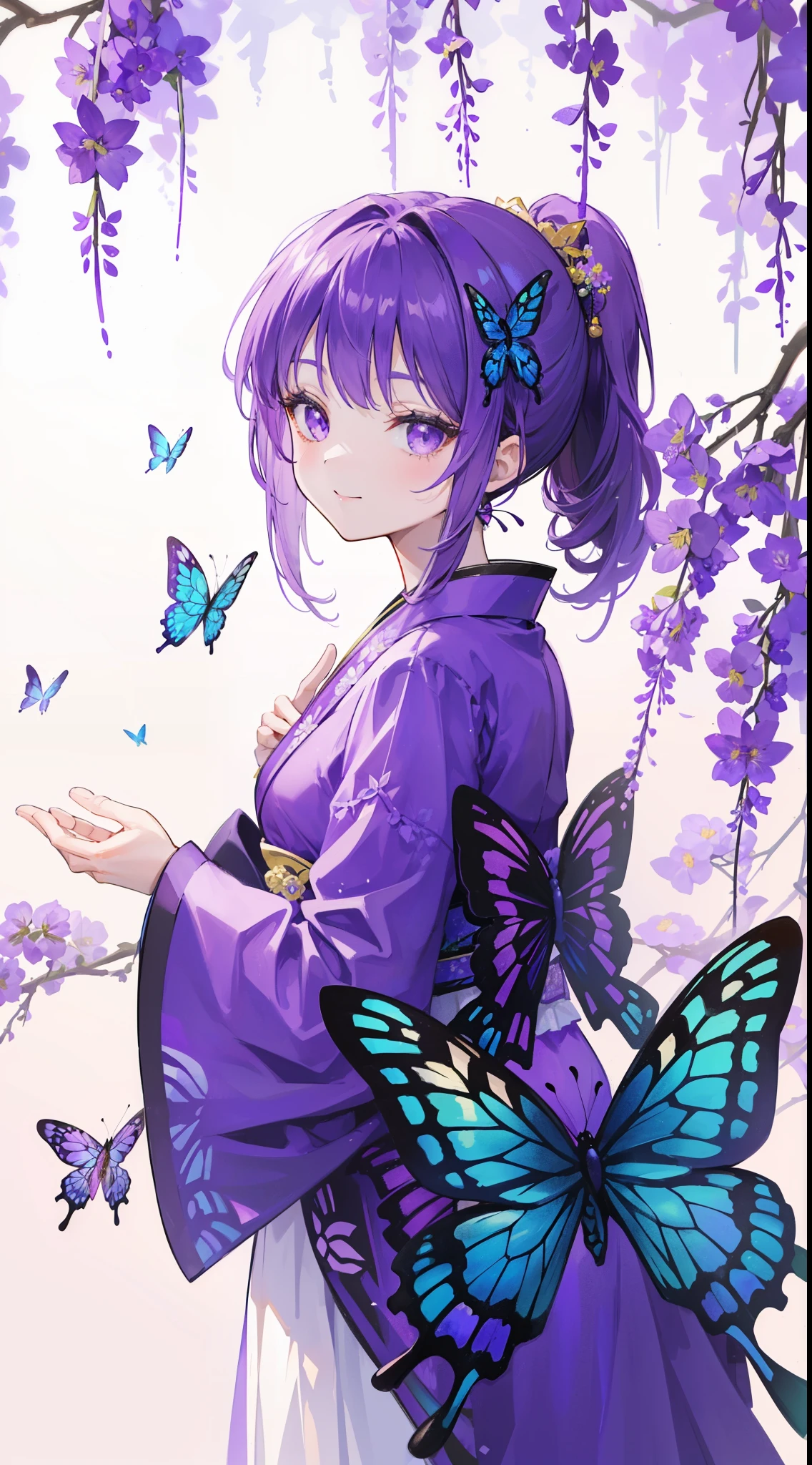 (32k), ((cute girl)), (hight quality), (high-level image quality), (smile), (hight quality wisteria flowers background), (32k background), (wisteria trellis),
(purple short ponytail), (purple eyes), (18 years old), (illustration), (purple light particles), (purple kimono), (purple Japanese clothes), (((from front))), (32k), (beautiful cute girl), (butterfly ornament), (butterfly dress), ((many butterflies)), (((background of many flowers
))), (((bright background))), (beautiful world), (cute world), (smile),