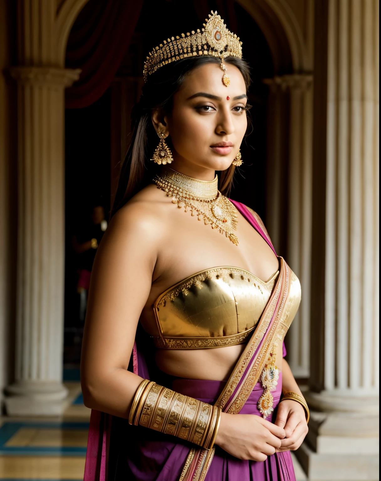 Looks like Sonakshi Sinha, "Design an illustration of a stunning and powerful warrior queen with a regal presence. She should possess a combination of strength and grace. Imagine her in ornate, yet practical armor that complements her figure. The armor should be adorned with intricate details and symbols representing her royal lineage and warrior prowess. Her weapon of choice could be a unique and elegant sword or a mythical weapon that reflects her status as a formidable leader.
Her facial features should exude confidence and determination, with piercing eyes that convey both fierceness and wisdom. The queen's hair, whether long or short, should flow dynamically, hinting at her movement in battle. Consider incorporating elements that emphasize her connection to nature or a mythical realm, such as ethereal backgrounds, symbolic animals, or mystical symbols.
Pay attention to the color palette; use rich, bold colors that enhance her royal aura. Experiment with lighting to highlight specific details and create a sense of drama. Ensure that her posture and expression capture the essence of a queen who commands respect and admiration. Feel free to draw inspiration from historical warrior queens or fictional characters, blending elements to create a unique and captivating image."