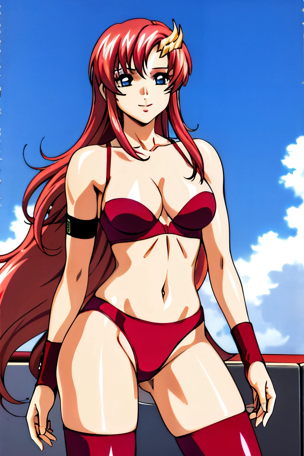 lacus4, (red bikini, red boots, arm band, groin, missy hair), (masterpiece, flexing arms , very slim shoulders, 4K, Best Quality, Anime style: 1.9, happy, Adult Woman, (ultra detailed head), (arena, cloud background), Drawing lines, high resolution, lacus4), 1girl, Solo, curvy figure, Long hair, 鎖骨, scapular, (Detailed wide hair bangs, Hair Ornament, Detailed reddish-pink hair, shiny streaks, slim arms, detailed golden crest), cleavage, large hands, (hair cover shoulders). (Big blue eyes, shiny eyes), ((female wrestler, (slim body), standing, slim arms)), ((perfect proportions, medium breasts, long belly)), ((totally red bra, neck band)), smile, (standing, hot colors), detailed fingers, (bare shoulders)