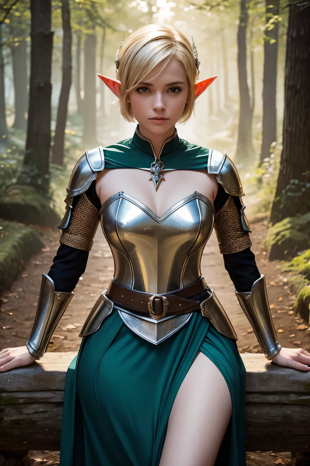 1Girl, (Elf), Short blonde hair, Beautiful, wearing medieval light armor, in a forest, (looking at pov)