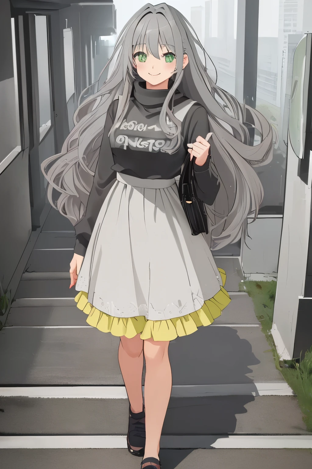 Chica anime, ((Masterpiece), top-quality, Top image quality, fullbody, ((((solo)))), ((((gray hair)))), long hair, Beautiful green eyes, dye one's cheeks red, smile, teens girl, 18yo, cute, 8k