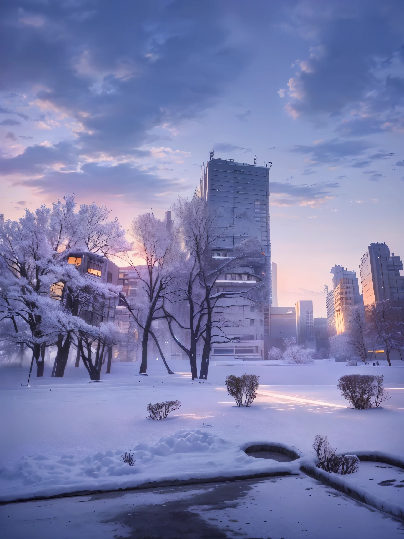 anime style, cyberpunk, snowy landscape with building and trees in the background, Hospital in the background, the photo was taken from afar, Brutalist buildings tower over the, Buildings in the distance, Park in the background