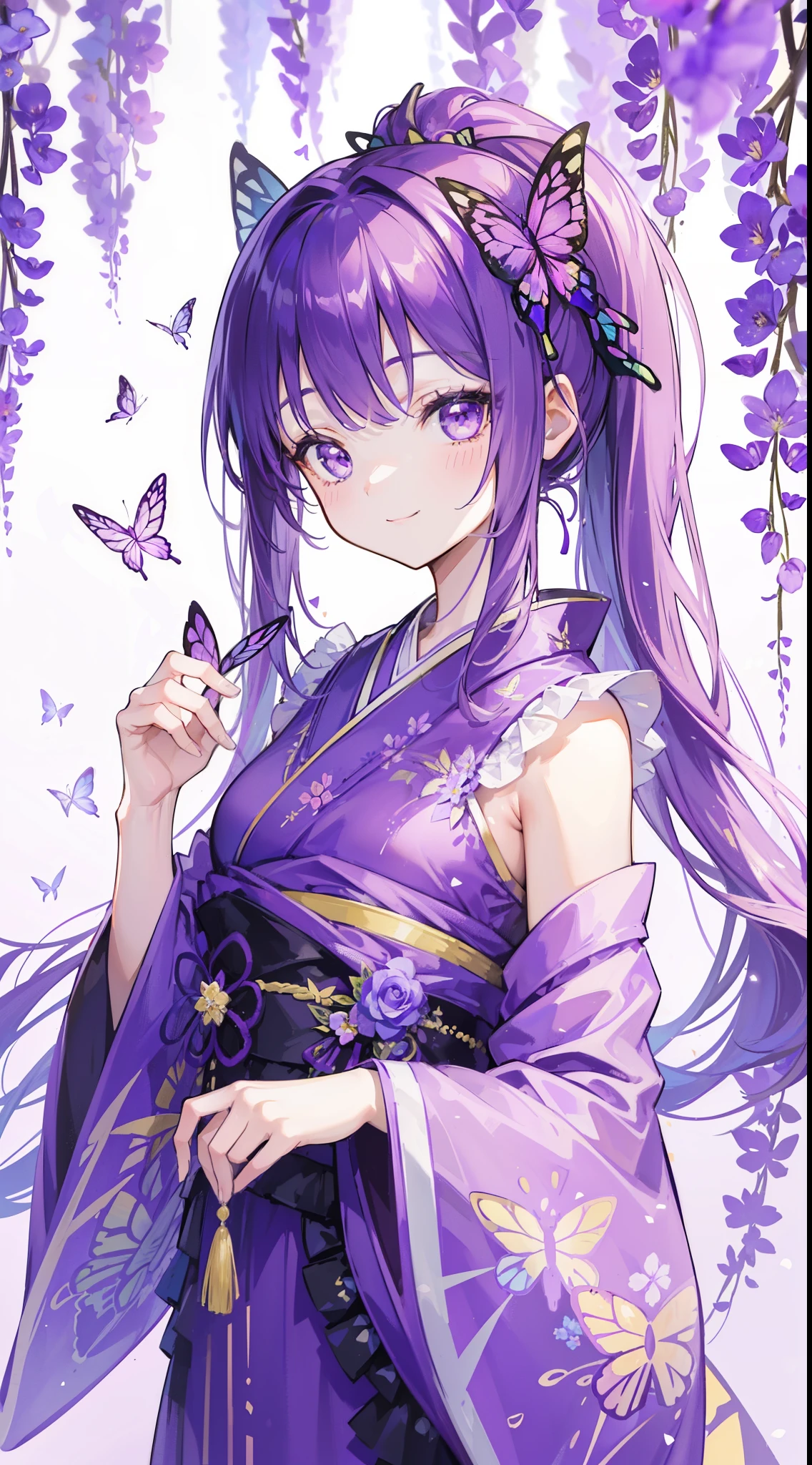 (32k), ((cute girl)), (hight quality), (high-level image quality), (smile), (hight quality wisteria flowers background), (32k background), (wisteria trellis), 
(purple short ponytail), (purple eyes), (18 years old), (illustration), (purple light particles), (purple kimono), (purple Japanese clothes), (((from front))), (32k), (beautiful cute girl), (butterfly ornament), (butterfly dress), ((many butterflies)), (((background of many flowers
))), (((bright background))), (beautiful world), (cute world), (smile), 