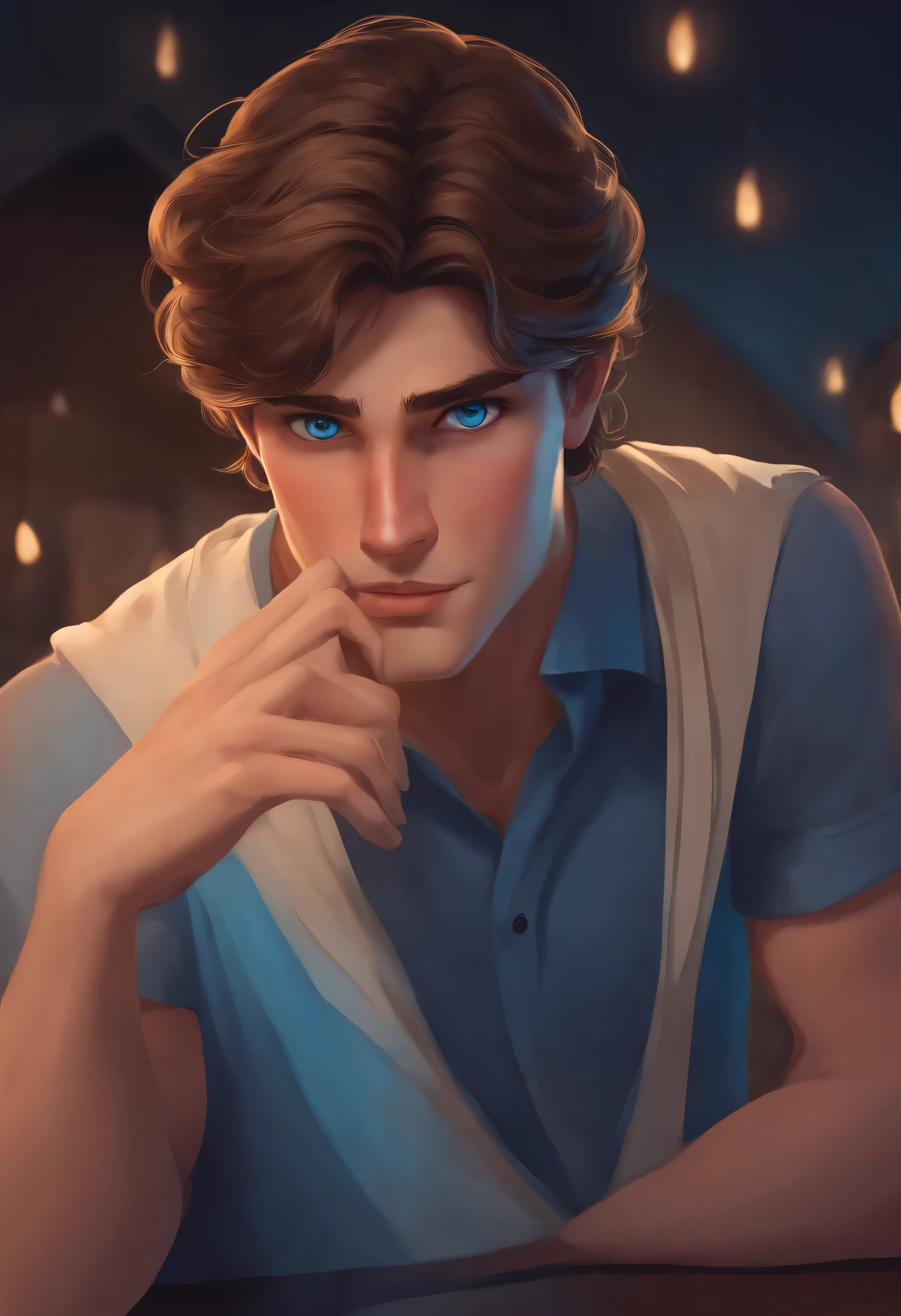 Disney style, nandez, a man with brown hair and blue eyes showing a shocked face with hand gesture