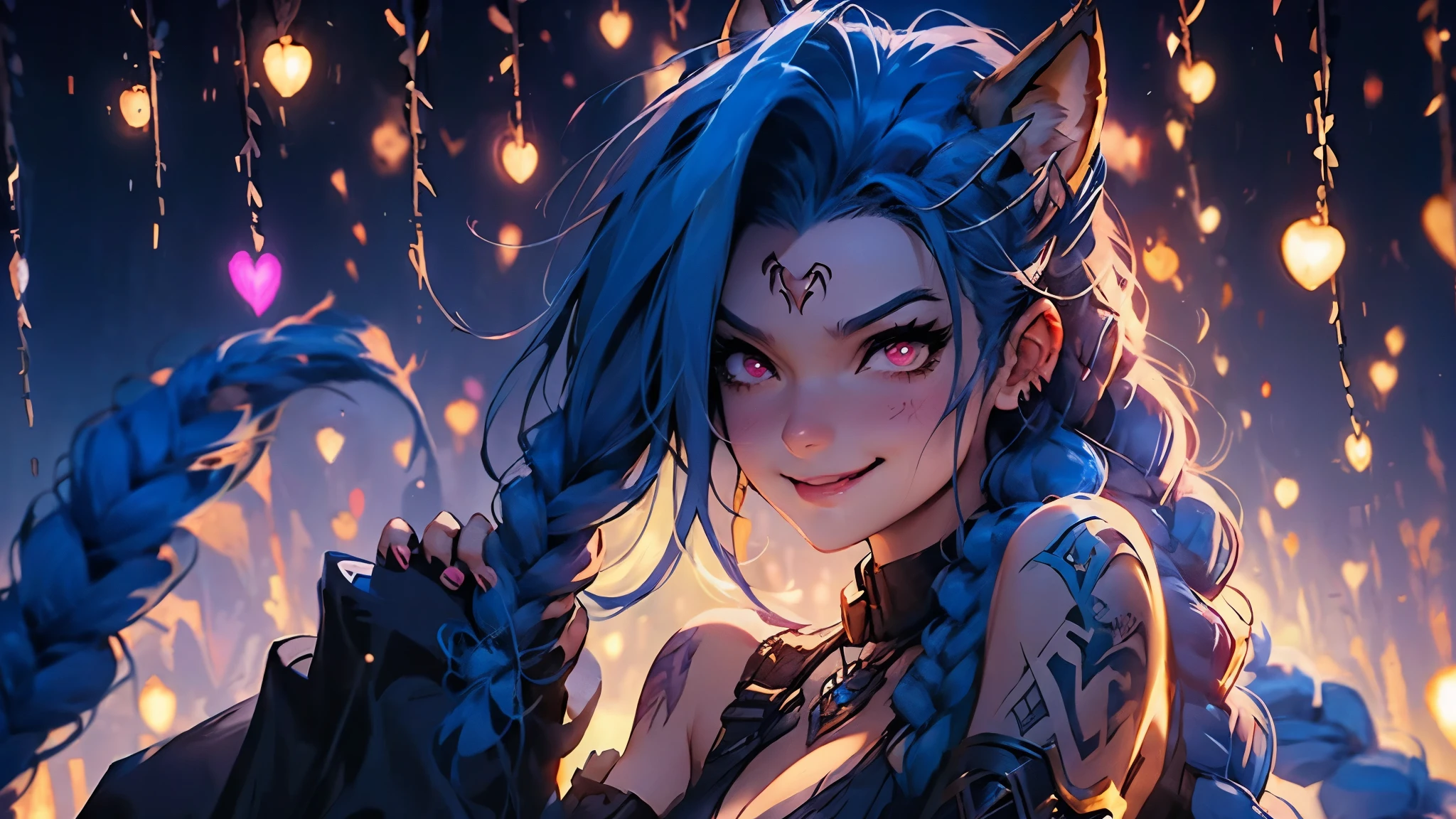 (masterpiece, best quality:1.3)
jinxLeague, fox girl,  1girl, solo, long hair,blue hair ,breasts, looking at viewer, smile, bangs, large breasts, black hair, long sleeves, dress, animal ears, cleavage, bare shoulders, sitting, closed mouth, collarbone, tail, yellow eyes, detached sleeves, wide sleeves, fox ears, thigh strap, fox tail, glowing, facial mark, slit pupils, multiple tails, whisker markings, korean clothes, energy ball, low neckline, jinx (league of legends)