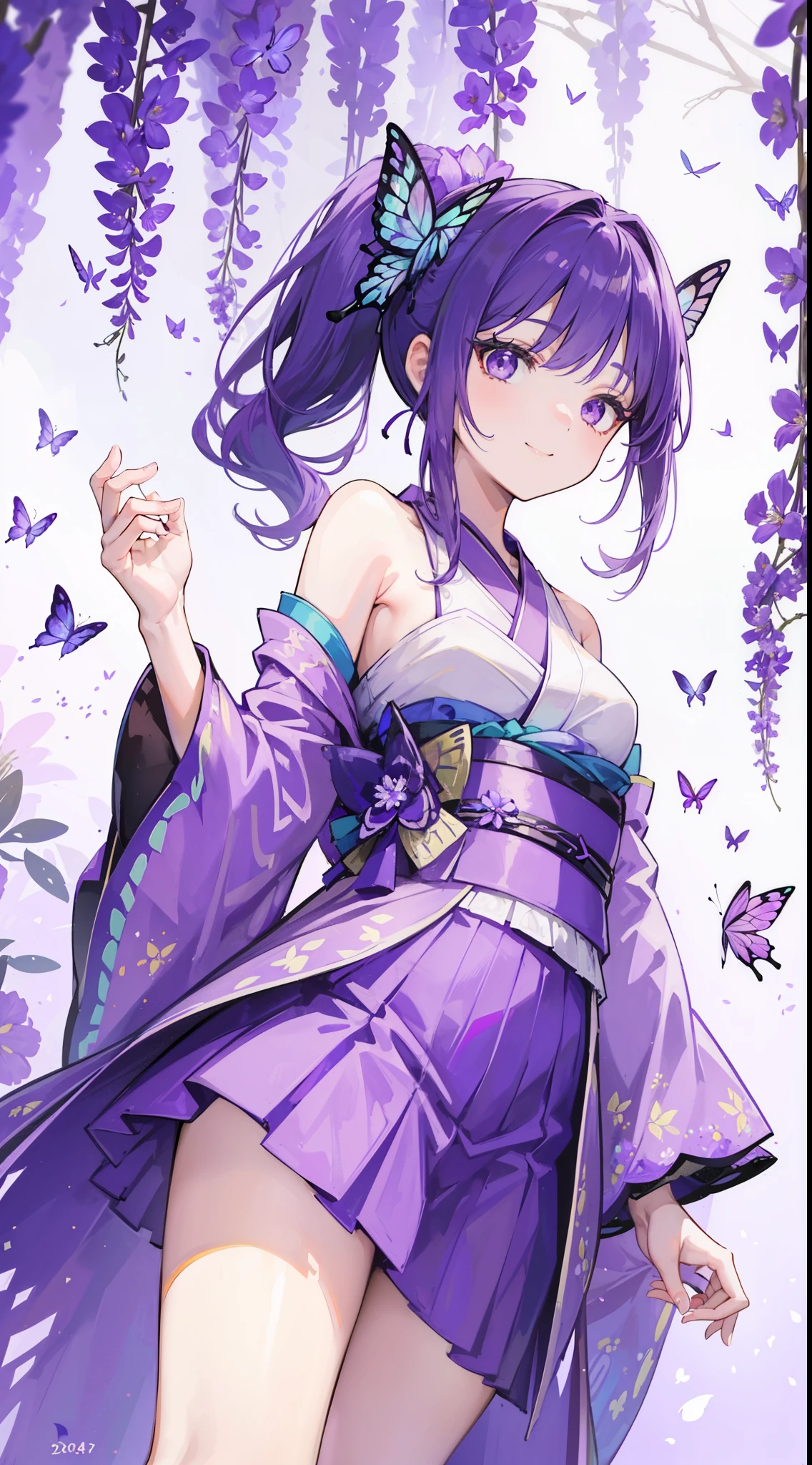 (32k), ((cute girl)), (hight quality), (high-level image quality), (smile), (hight quality wisteria flowers background), (32k background), (wisteria trellis),
(purple short ponytail), (purple eyes), (18 years old), (illustration), (purple light particles), (purple kimono), (purple Japanese clothes), (((peer in from below))), (32k), (beautiful cute girl), (butterfly ornament), (butterfly dress), ((many butterflies)), (((background of many flowers
))), (((bright background))), (beautiful world), (cute world), (smile),