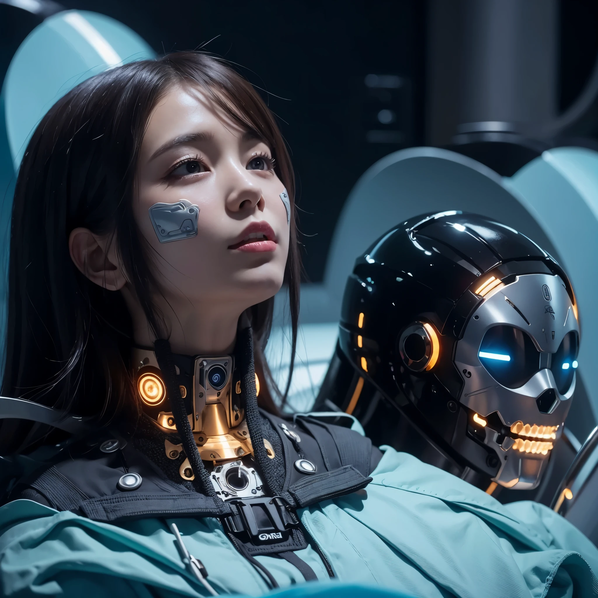 masterpiece, best quality, extremely detailed, 8K portrait,Japaese android girl,two individual,Plump , control panels,Blunt bangs,Charging spot,future assembly plant,She has repaired,black sponge joints,android assembly plant,android,laboratory,