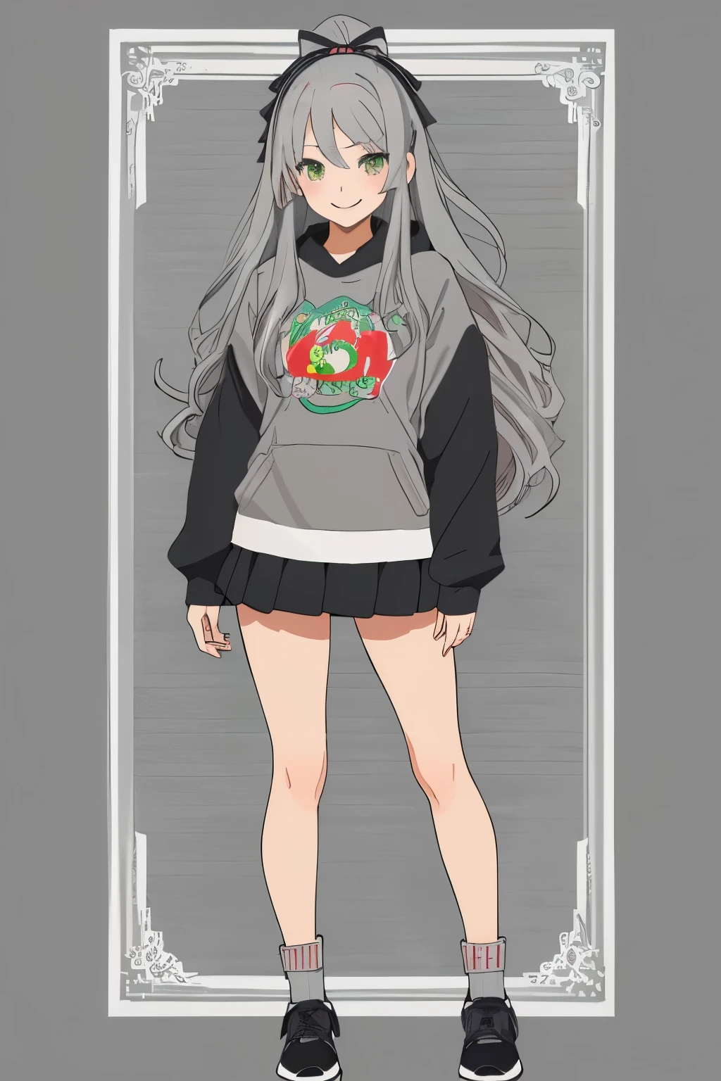 Chica anime, ((Masterpiece), top-quality, Top image quality, fullbody, ((((solo)))), ((((gray hair)))), long hair, green eyes, dye one's cheeks red, smile, teens girl, 18yo, cute, 8k