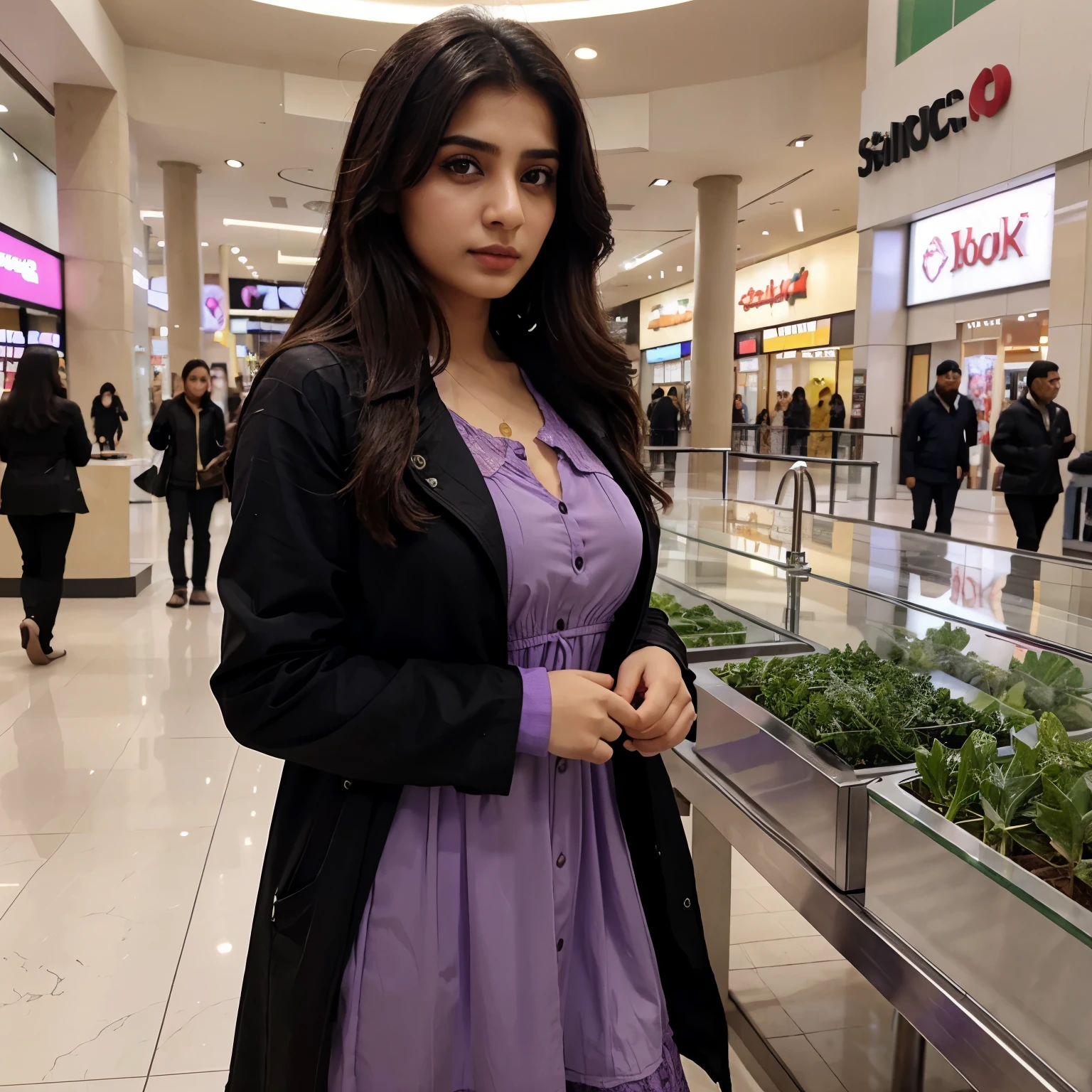 A Pakistani beautiful girl in purple dress , in a shopping mall, wearing black jacket