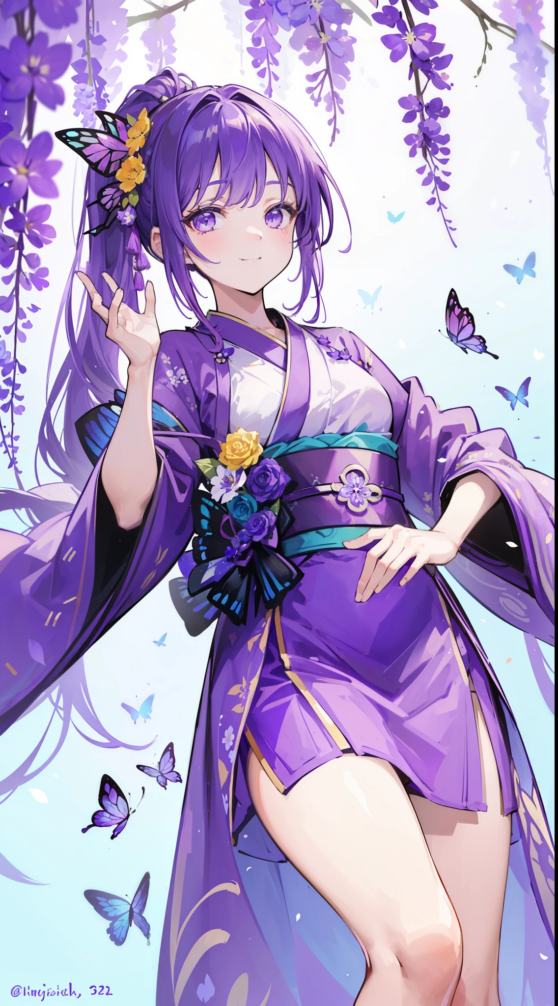 (32k), ((cute girl)), (hight quality), (high-level image quality), (smile), (hight quality wisteria flowers background), (32k background), (wisteria trellis),
(purple short ponytail), (purple eyes), (18 years old), (illustration), (purple light particles), (purple kimono), (purple Japanese clothes), (((peer in from below))), (32k), (beautiful cute girl), (butterfly ornament), (butterfly dress), ((many butterflies)), (((background of many flowers
))), (((bright background))), (beautiful world), (cute world), (smile),