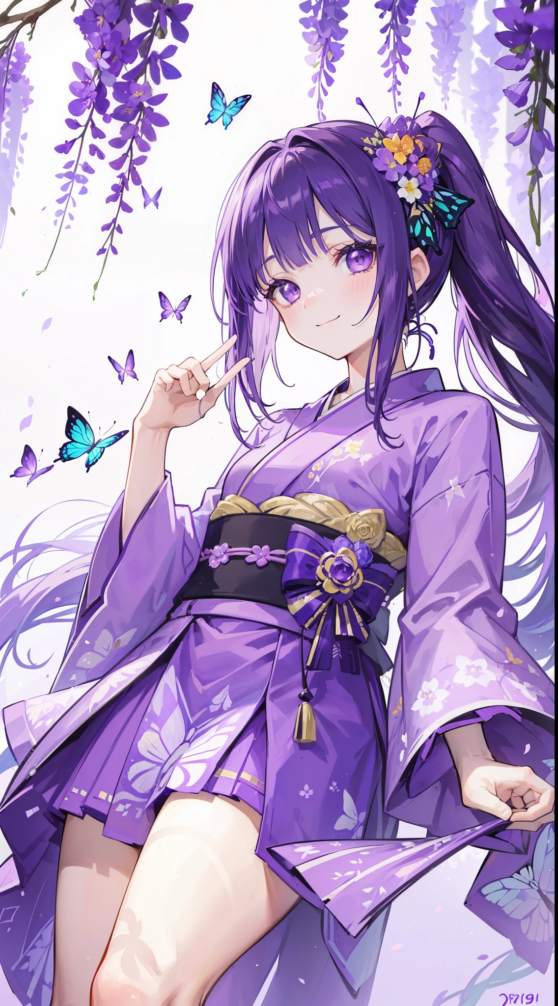(32k), ((cute girl)), (hight quality), (high-level image quality), (smile), (hight quality wisteria flowers background), (32k background), (wisteria trellis), 
(purple short ponytail), (purple eyes), (18 years old), (illustration), (purple light particles), (purple kimono), (purple Japanese clothes), (((peer in from below))), (32k), (beautiful cute girl), (butterfly ornament), (butterfly dress), ((many butterflies)), (((background of many flowers
))), (((bright background))), (beautiful world), (cute world), (smile), 