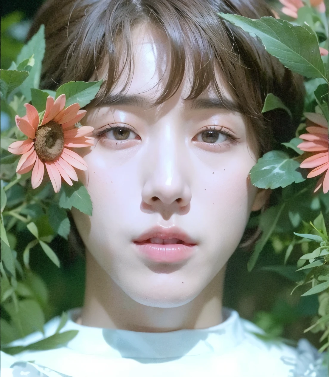 there is a man com flores in his hair and a white shirt, Jeon Jungkook, Jungkook Jeon aesthetic, Jungkook, Jeongguk, Jeongguk Jeon, inspirado em Bian Shoumin, BTS, O Príncipe das Flores, inspirado em Jeon Jungkook do bts, Kookjung, inspirado em Yanjun Cheng, com flores, Jeon Jungkook, flores crescendo em seu corpo