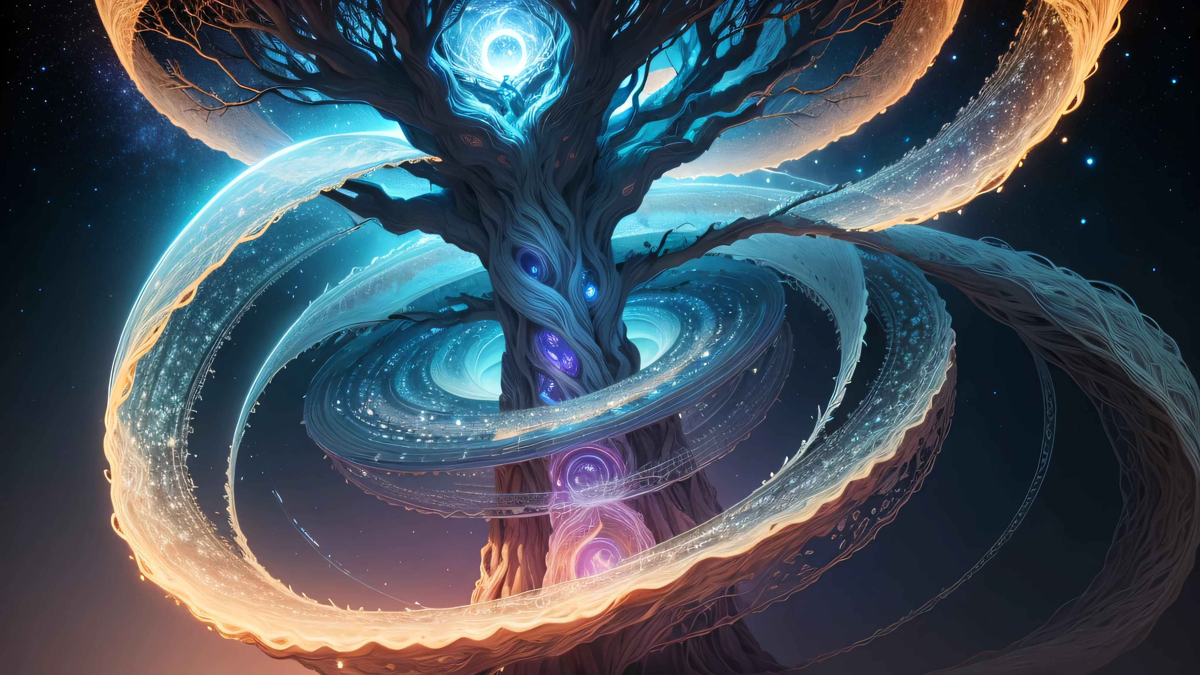 At the center of this celestial realm is an enormous, crystalline tree of life. Its trunk is a translucent spiral of energy and its branches extend like tendrils, spiraling upward toward the infinite cosmos. At its peak, the tree appears to merge with the very fabric of the universe, radiating a profound sense of wisdom and cosmic wonder.