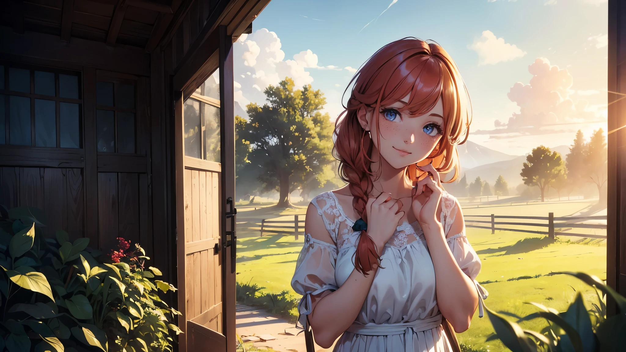 ((masterpiece,best quality,ultra detailed,ultra high res,detailed country yard background)), soft realistic focus, dynamic shadows, realistic image, vibrant colors,light leaks,dreamy atmosphere,chiaroscuro,BREAK 
experimental charm, The girl is depicted in full growth, you see the girl from head to toe, nostalgic appeal, country girlfriend, she take you with yourself, simple open short dress, soft mischievous smile, freckles, shiny light red hair, she will take your hand, thick braids