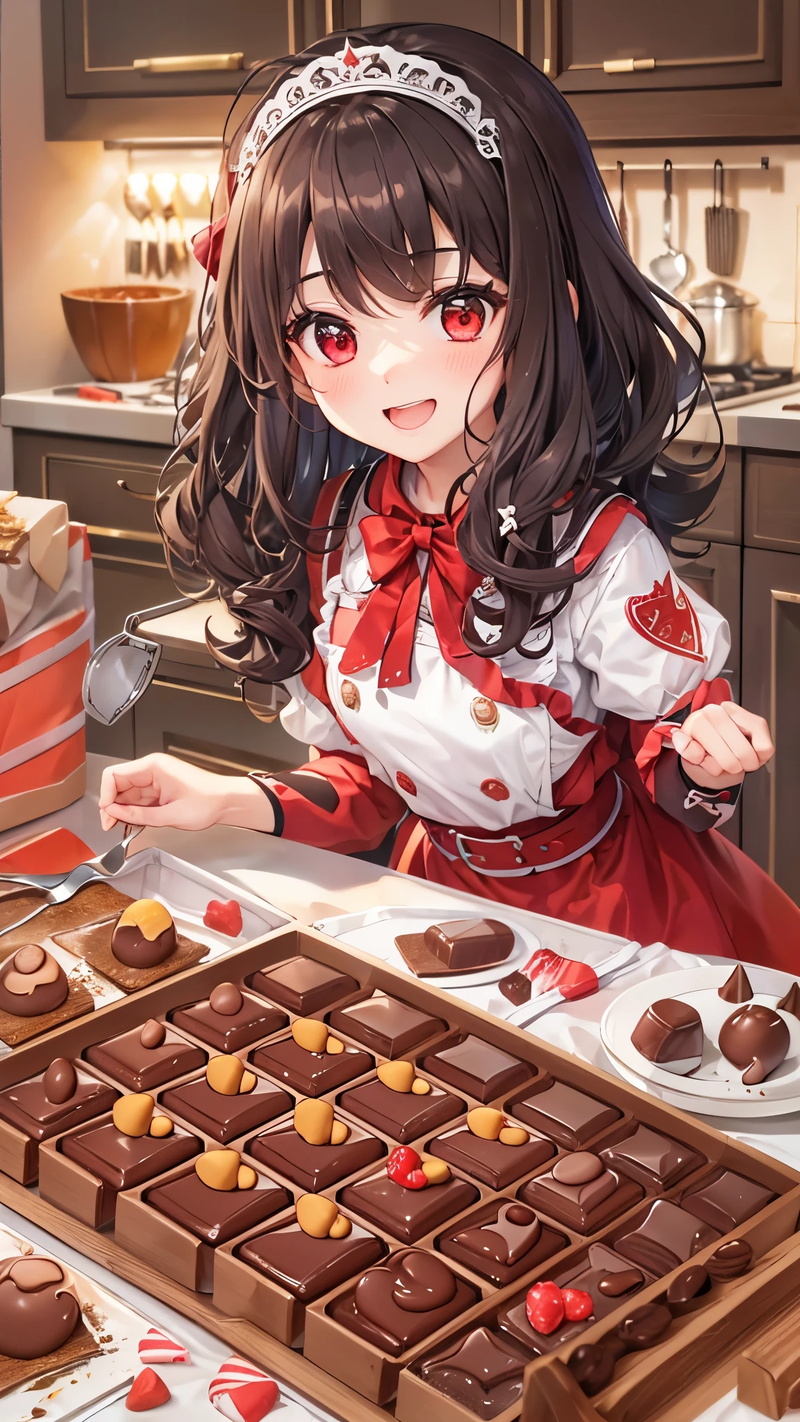 ((chocolate sweets cooking)), in the kicking, ((Chocolate sweets gift wrapping:1.4)) (a curly black hair long hair cute girl, 14 yo, cute red eyes, love smile, in a princes apron), beauty chocolate sweets on the table, break, perfect anatomy, masterpiece:1.2, best quality, 8k, beautiful detailed grow, daydreaming expression.