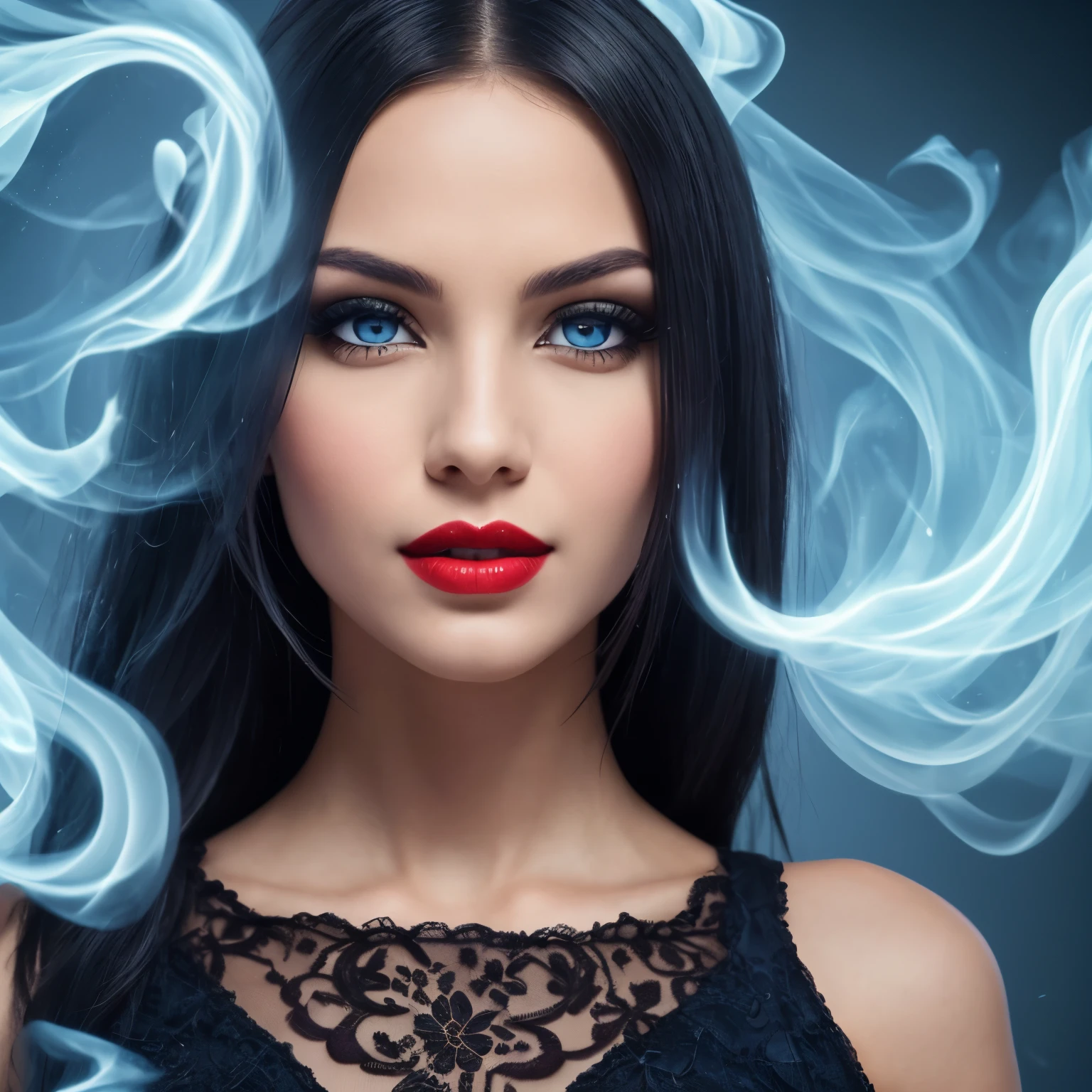 1girl, close up, beautifully evil model, sophisticated sorceress, powerful goddess, super villainess, hourglass figure, purple dress, symmetrical, highly detailed face, long flowing black hair, mesmerizing blue eyes, lush red lips, coy smile, enticing, alluring, facing viewer, looking at viewer, blue smoke swirls around her, real, high detail, best quality
