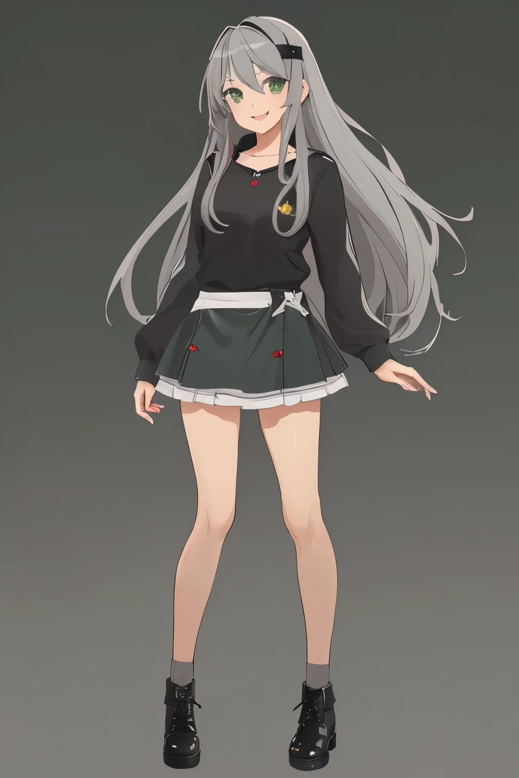 Chica anime, ((Masterpiece), top-quality, Top image quality, fullbody, ((((solo)))), ((((gray hair)))), long hair, green eyes, dye one's cheeks red, smile, s girl, 18yo, cute, 8k