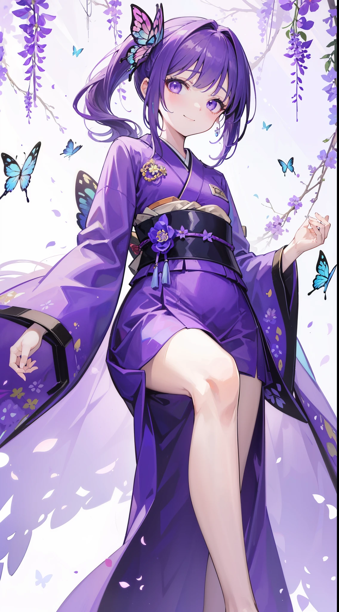 (32k), ((cute girl)), (hight quality), (high-level image quality), (smile), (hight quality wisteria flowers background), (32k background), (wisteria trellis),
(purple short ponytail), (purple eyes), (18 years old), (illustration), (purple light particles), (purple kimono), (purple Japanese clothes), (((peer in from below))), (32k), (beautiful cute girl), (butterfly ornament), (butterfly dress), ((many butterflies)), (((background of many flowers
))), (((bright background))), (beautiful world), (cute world), (smile),