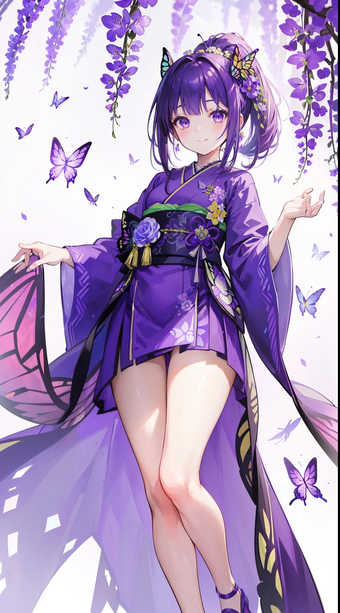 (32k), ((cute girl)), (hight quality), (high-level image quality), (smile), (hight quality wisteria flowers background), (32k background), (wisteria trellis),
(purple short ponytail), (purple eyes), (18 years old), (illustration), (purple light particles), (purple kimono), (purple Japanese clothes), (((peer in from below))), (32k), (beautiful cute girl), (butterfly ornament), (butterfly dress), ((many butterflies)), (((background of many flowers
))), (((bright background))), (beautiful world), (cute world), (smile),