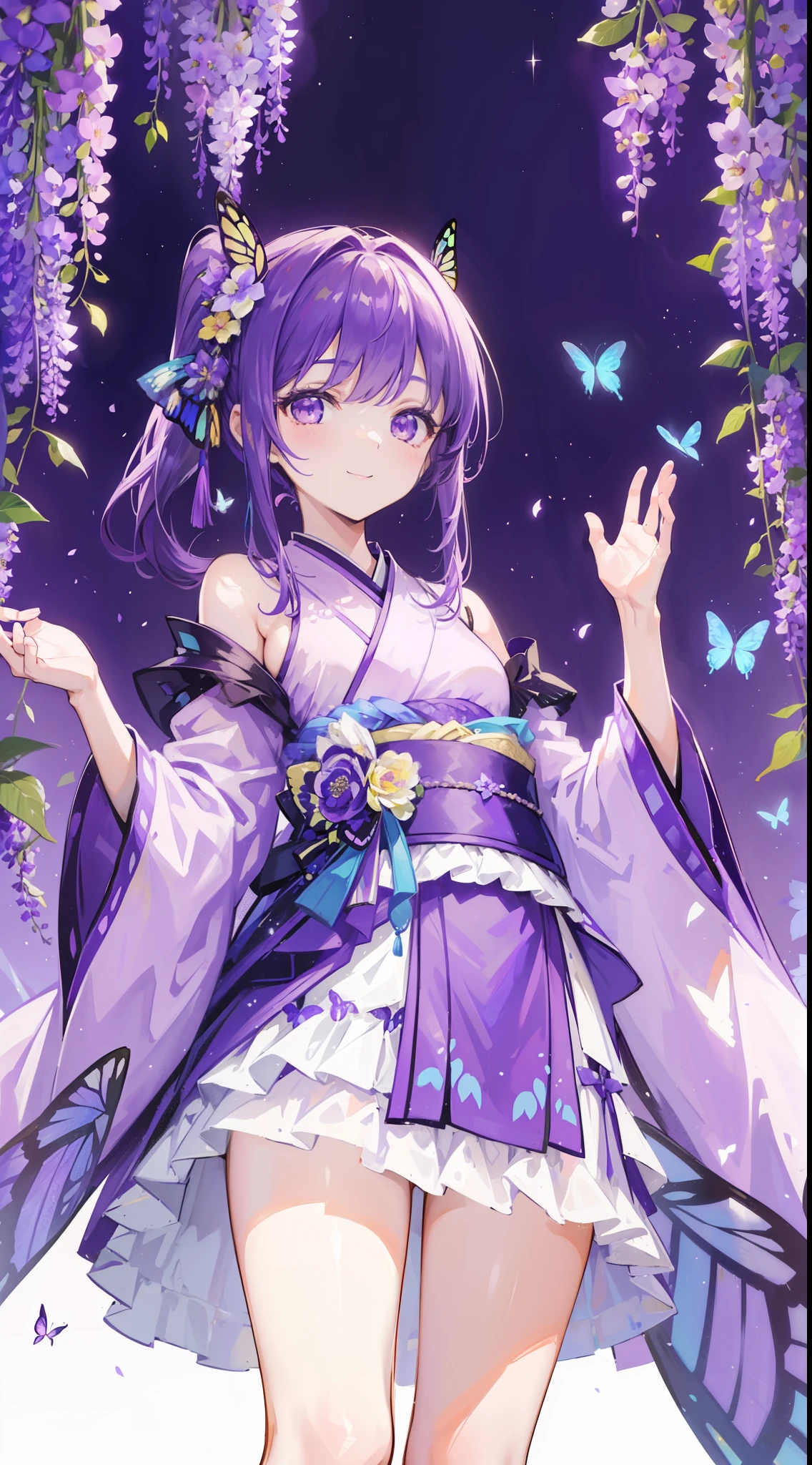 (32k), ((cute girl)), (hight quality), (high-level image quality), (smile), (hight quality wisteria flowers background), (32k background), (wisteria trellis),
(purple short ponytail), (purple eyes), (18 years old), (illustration), (purple light particles), (purple kimono), (purple Japanese clothes), (((peer in from below))), (32k), (beautiful cute girl), (butterfly ornament), (butterfly dress), ((many butterflies)), (((background of many flowers
))), (((bright background))), (beautiful world), (cute world), (smile),