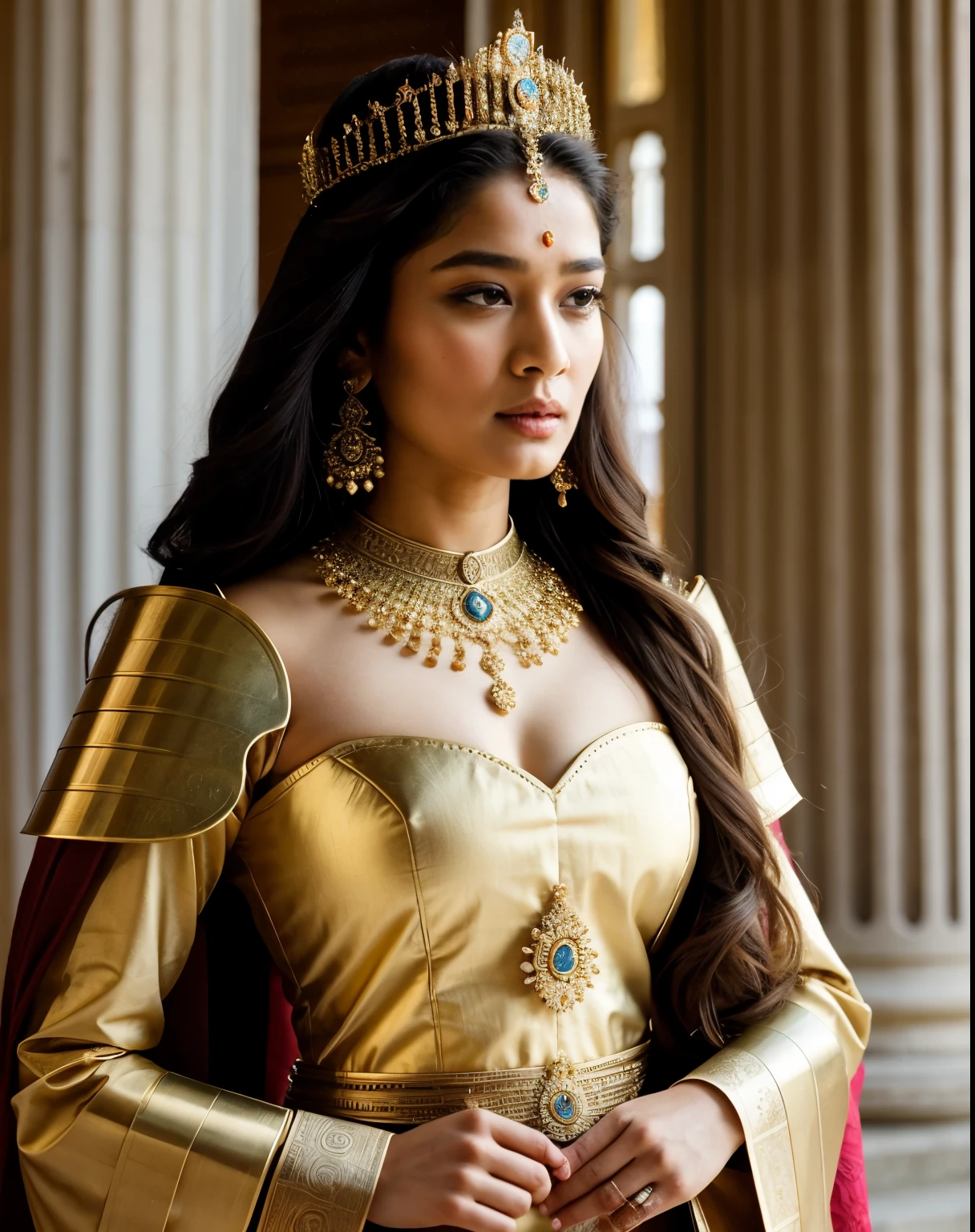 Looks like Amrita Rao, "Design an illustration of a stunning and powerful warrior queen with a regal presence. She should possess a combination of strength and grace. Imagine her in ornate, yet practical armor that complements her figure. The armor should be adorned with intricate details and symbols representing her royal lineage and warrior prowess. Her weapon of choice could be a unique and elegant sword or a mythical weapon that reflects her status as a formidable leader.

Her facial features should exude confidence and determination, with piercing eyes that convey both fierceness and wisdom. The queen's hair, whether long or short, should flow dynamically, hinting at her movement in battle. Consider incorporating elements that emphasize her connection to nature or a mythical realm, such as ethereal backgrounds, symbolic animals, or mystical symbols.

Pay attention to the color palette; use rich, bold colors that enhance her royal aura. Experiment with lighting to highlight specific details and create a sense of drama. Ensure that her posture and expression capture the essence of a queen who commands respect and admiration. Feel free to draw inspiration from historical warrior queens or fictional characters, blending elements to create a unique and captivating image."