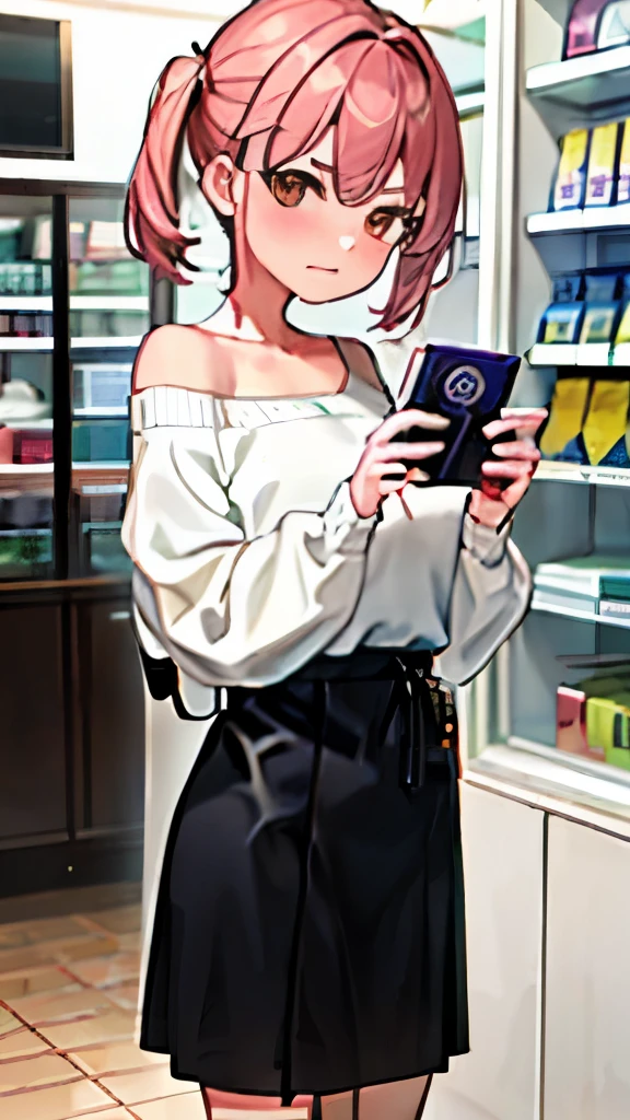 (8K, highest quality, masterpiece:1.2),(highest quality:1.0), (ultra high resolution:1.0), off shoulder sweater dress、Standing in line at the cash register、shopping、A woman who came to buy condoms、In front of the cash register、Pov, embarrassed face、blush、looking down、Waiting for wallet and box of condoms