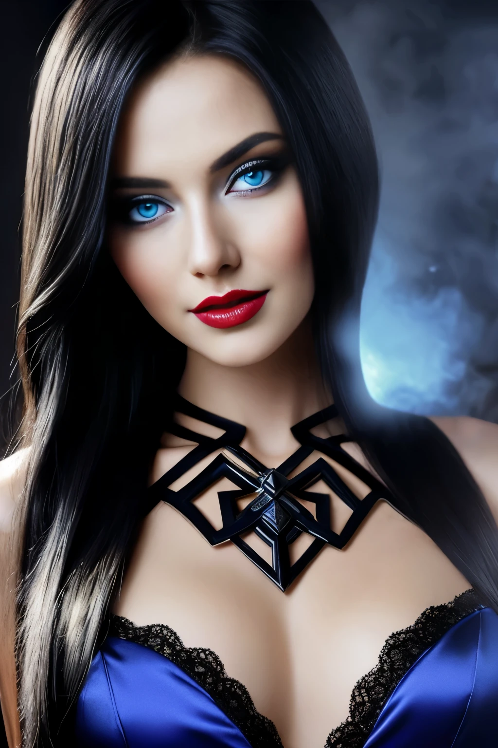 1girl, close up, beautifully evil model, sophisticated sorceress, powerful enchantress, super villainess, hourglass figure, purple dress, symmetrical, highly detailed face, long flowing black hair, mesmerizing blue eyes, lush red lips, coy smile, enticing, alluring, facing viewer, looking at viewer, blue smoke swirls around her, real, high detail, best quality