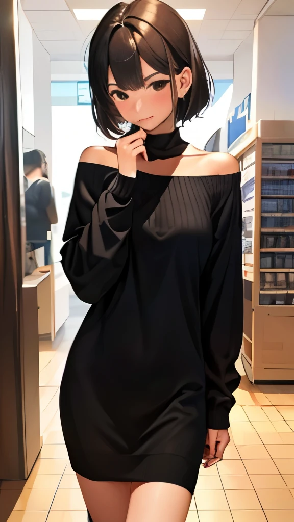 (8K, highest quality, masterpiece:1.2),(highest quality:1.0), (ultra high resolution:1.0), Off-shoulder thin sweater dress、Standing in line at the cash register、shopping、A woman who came to buy condoms、In front of the cash register、Pov, embarrassed face、blush、looking down、Waiting for wallet and box of condoms、