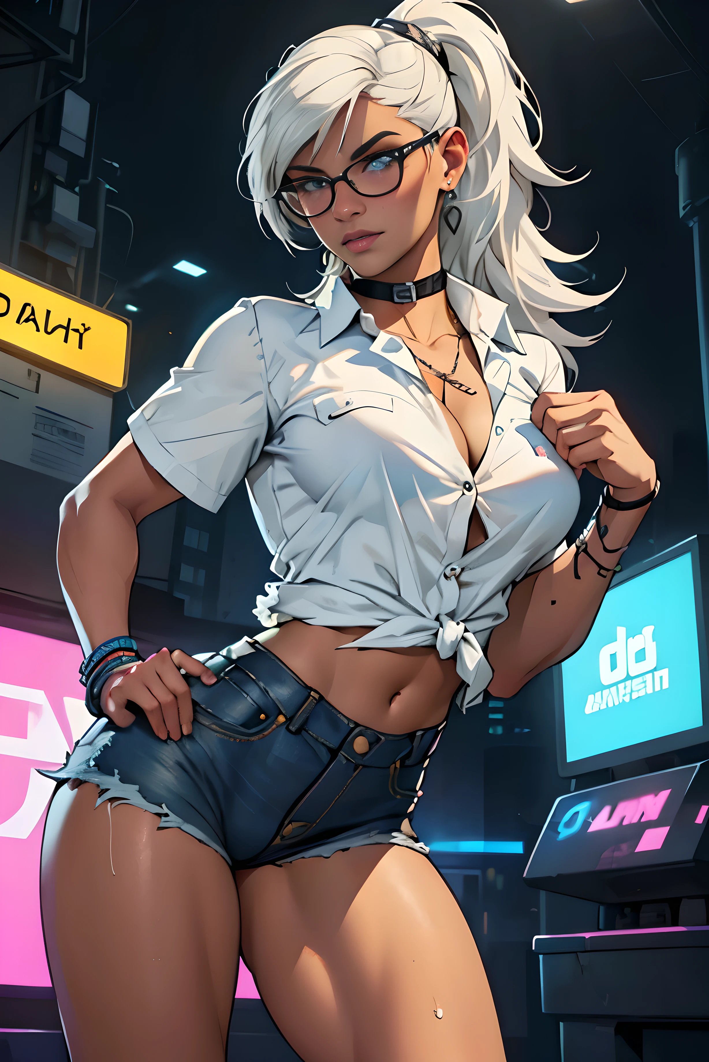 Cinematic neon lights, dancing, (wears a white shirt with 3 buttons unbuttoned), (torn jeans). (tan skin), (white hair), (blue eyes), (photorealistic), (masterpiece), (high quality), perfect face, perfect body, horny, (perfect ass), perfect breast, perfect hands, perfect legs, perfect skin, perfect hair, athletic body, ((detailed face and eyes)), (( random pose and position)), dark black background gta 6 style, mia khalifa, ariana grande in gta v, gta 6 gameplay, gta vi, gta 5 skin tone, gta 6, as the protagonist of gta 5, highly detailed giantess shot, gta character, gta 6 leak, as a character from gtav