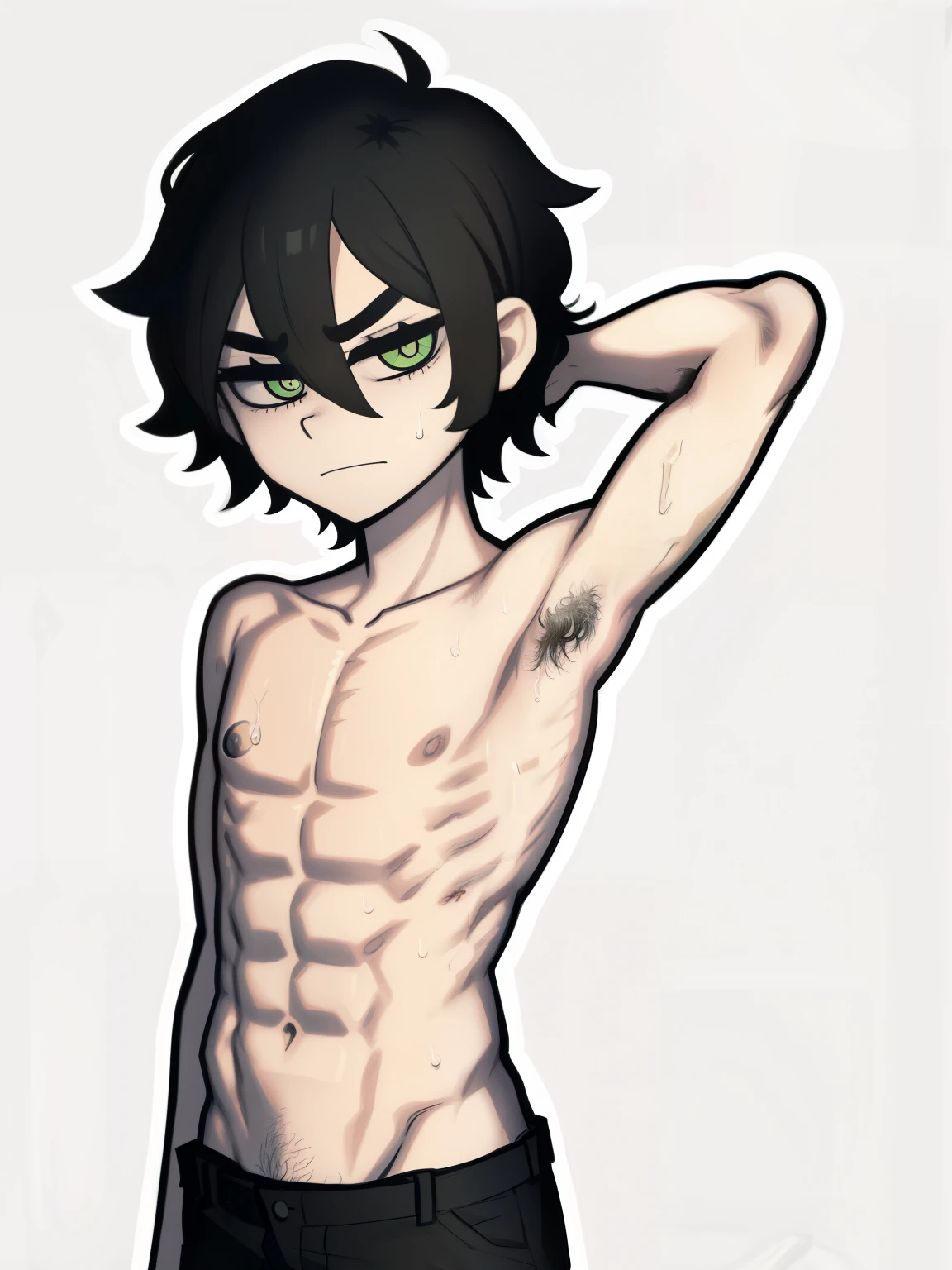highres, monochrome,tcoaal, solo, looking at viewer, short hair, shirt, 1boy, Young boy, Andy graves, hair between eyes, closed mouth,black hair, green eyes, Slim body, (Thin body), Shirtless, Topless, Bare chest, (Showimg armpit:1.3), Shy, male focus, Sweat, Simple background, messy hair, bright pupils, outline, white pupils, white outline,