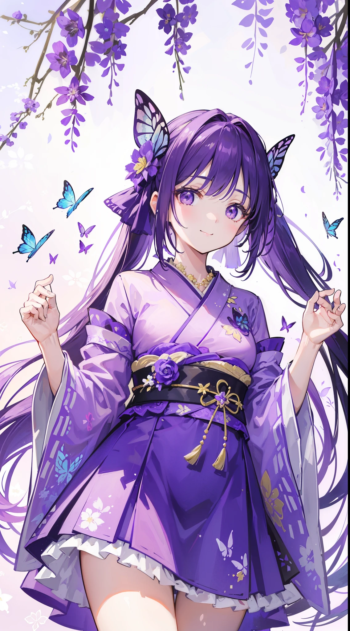 (32k), ((cute girl)), (hight quality), (high-level image quality), (smile), (hight quality wisteria flowers background), (32k background), (wisteria trellis),
(purple short ponytail), (purple eyes), (18 years old), (illustration), (purple light particles), (purple kimono), (purple Japanese clothes), (((peer in from below))), (32k), (beautiful cute girl), (butterfly ornament), (butterfly dress), ((many butterflies)), (((background of many flowers
))), (((bright background))), (beautiful world), (cute world), (smile),