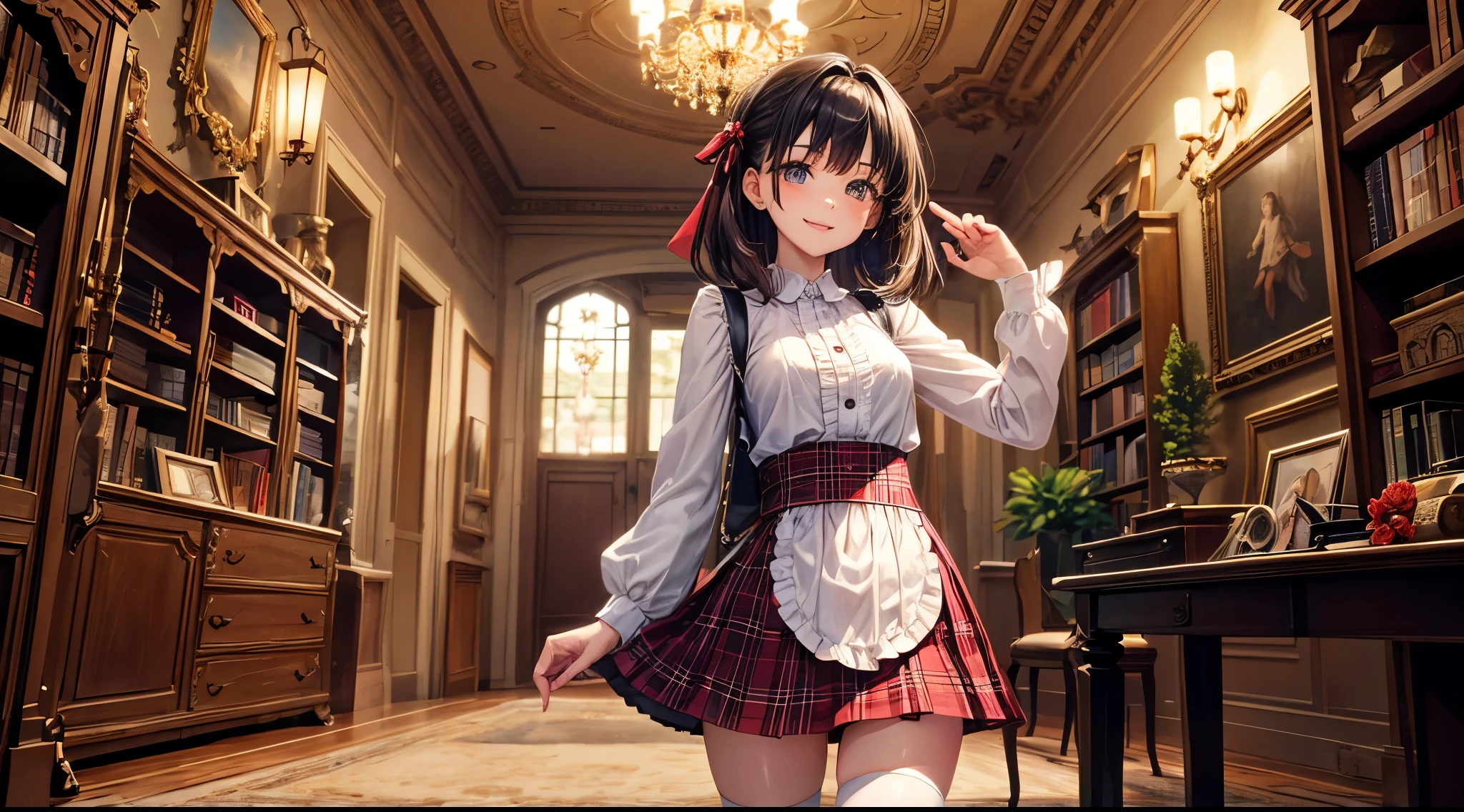 very cute and beautiful girl,(highly detailed beautiful face and eyes:1.2),(smile),(mid shot),
(white blouse with detailed frills),long sleeve BREAK detailed legs,zettai ryouiki,
standing,stylish pose,
dynamic angle,hair ribbon,black hair,hime cut,(scarlet plaid mini skirt)
 BREAK living room,flowers in vase,wooden desk,(bookshelf:0.9),jewelry box,european carpet,distant trees,
(best quality,masterpiece:1.2),(intricate details),highres,1 girl,solo,cinematic scene,hair fluttering in the wind,