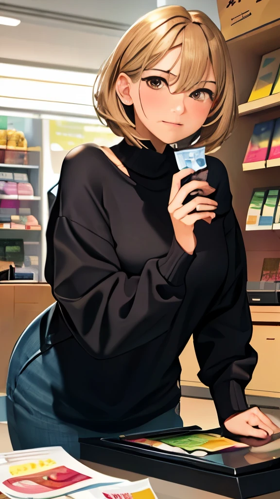 (8K, highest quality, masterpiece:1.2),(highest quality:1.0), (ultra high resolution:1.0), Off-shoulder thin sweater dress、Standing in line at the cash register、shopping、A woman who came to buy condoms、In front of the cash register、Pov, embarrassed face、blush、looking down、Waiting for wallet and box of condoms、Cashier counter、buy canned beer and condoms、