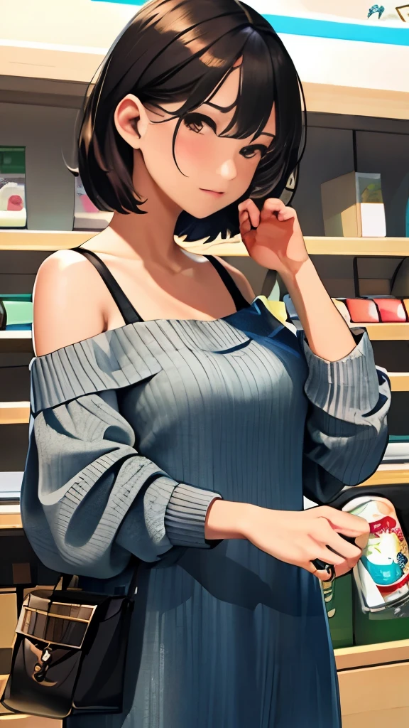 (8K, highest quality, masterpiece:1.2),(highest quality:1.0), (ultra high resolution:1.0), Off-shoulder thin sweater dress、Standing in line at the cash register、shopping、A woman who came to buy condoms、In front of the cash register、Pov, embarrassed face、blush、looking down、Waiting for wallet and box of condoms、Cashier counter、buy canned beer and condoms、