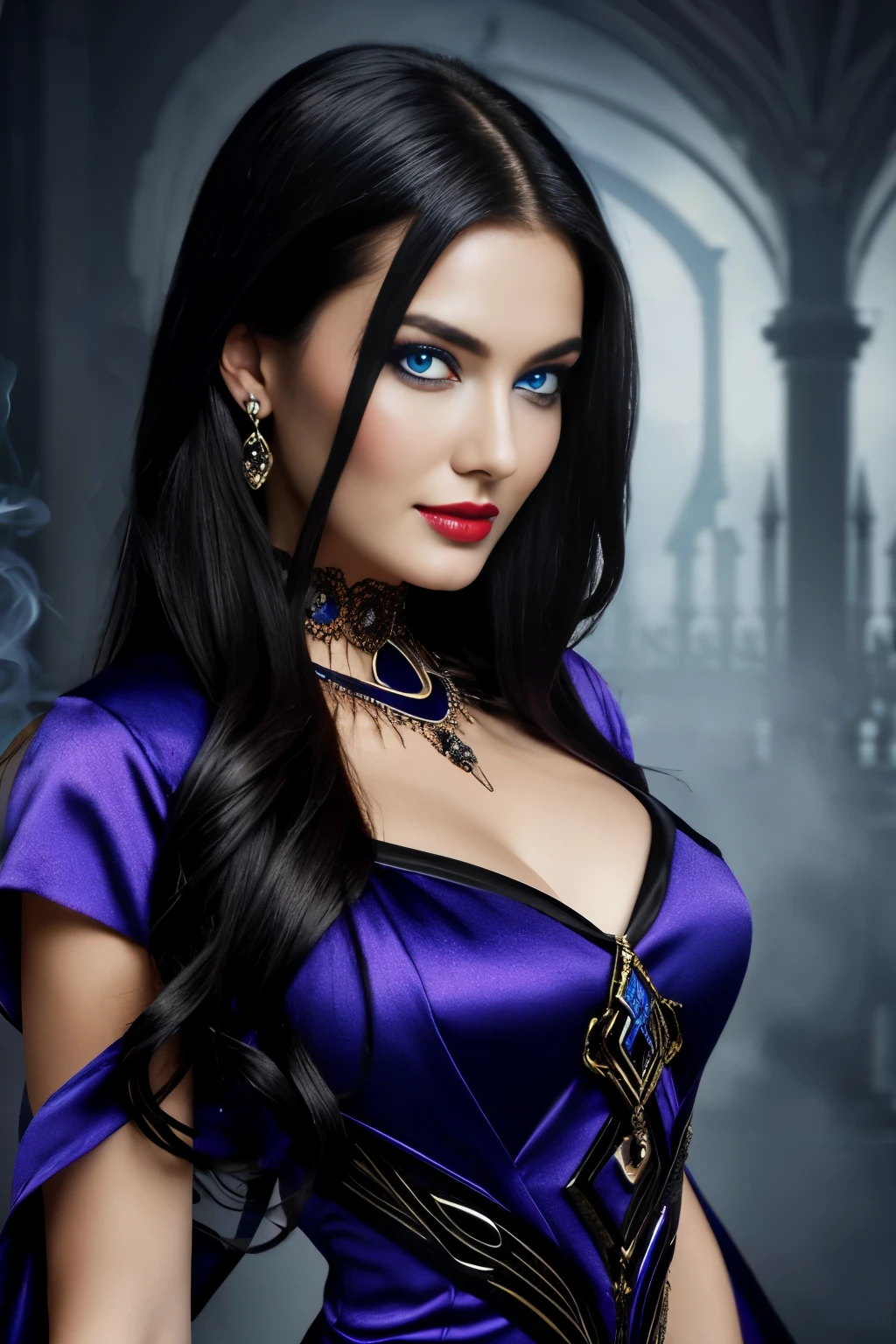 1girl, close up, beautifully evil model, sophisticated sorceress, powerful goddess, super villainess, hourglass figure, purple dress, symmetrical, highly detailed face, long flowing black hair, mesmerizing blue eyes, lush red lips, coy smile, enticing, alluring, facing viewer, looking at viewer, blue smoke swirls around her, real, high detail, best quality