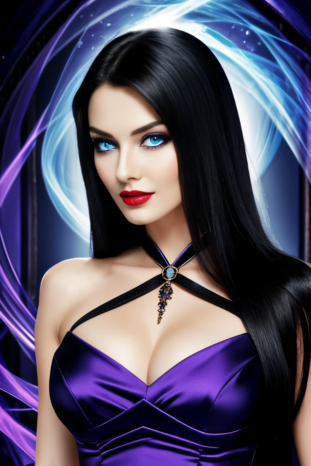 1girl, close up, beautifully evil model, sophisticated sorceress, powerful goddess, super villainess, hourglass figure, purple dress, symmetrical, highly detailed face, long flowing black hair, mesmerizing blue eyes, lush red lips, coy smile, enticing, alluring, facing viewer, looking at viewer, blue smoke swirls around her, real, high detail, best quality